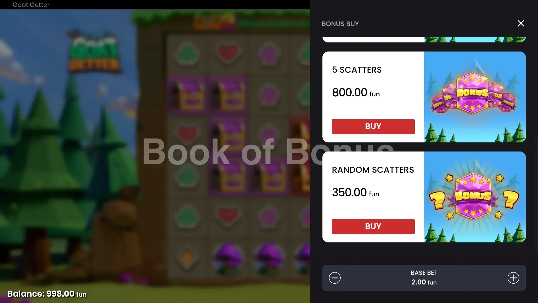 Goat Getter par Push Gaming - menu d'achat de bonus et options