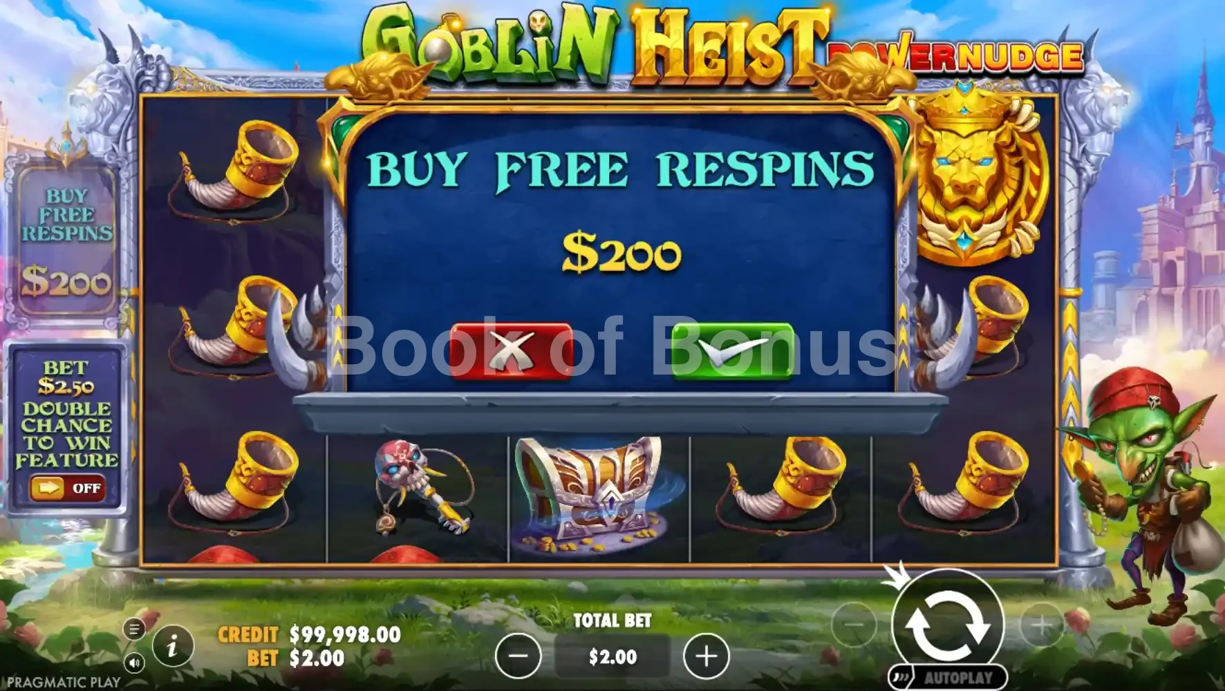 Goblin Heist Powernudge par Pragmatic Play - menu d'achat de bonus et options