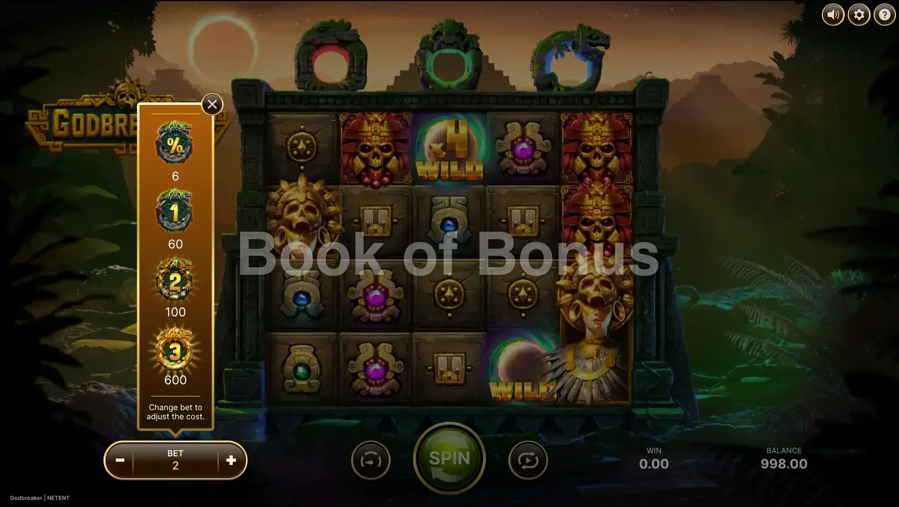 Godbreaker par NetEnt - menu d'achat de bonus et options