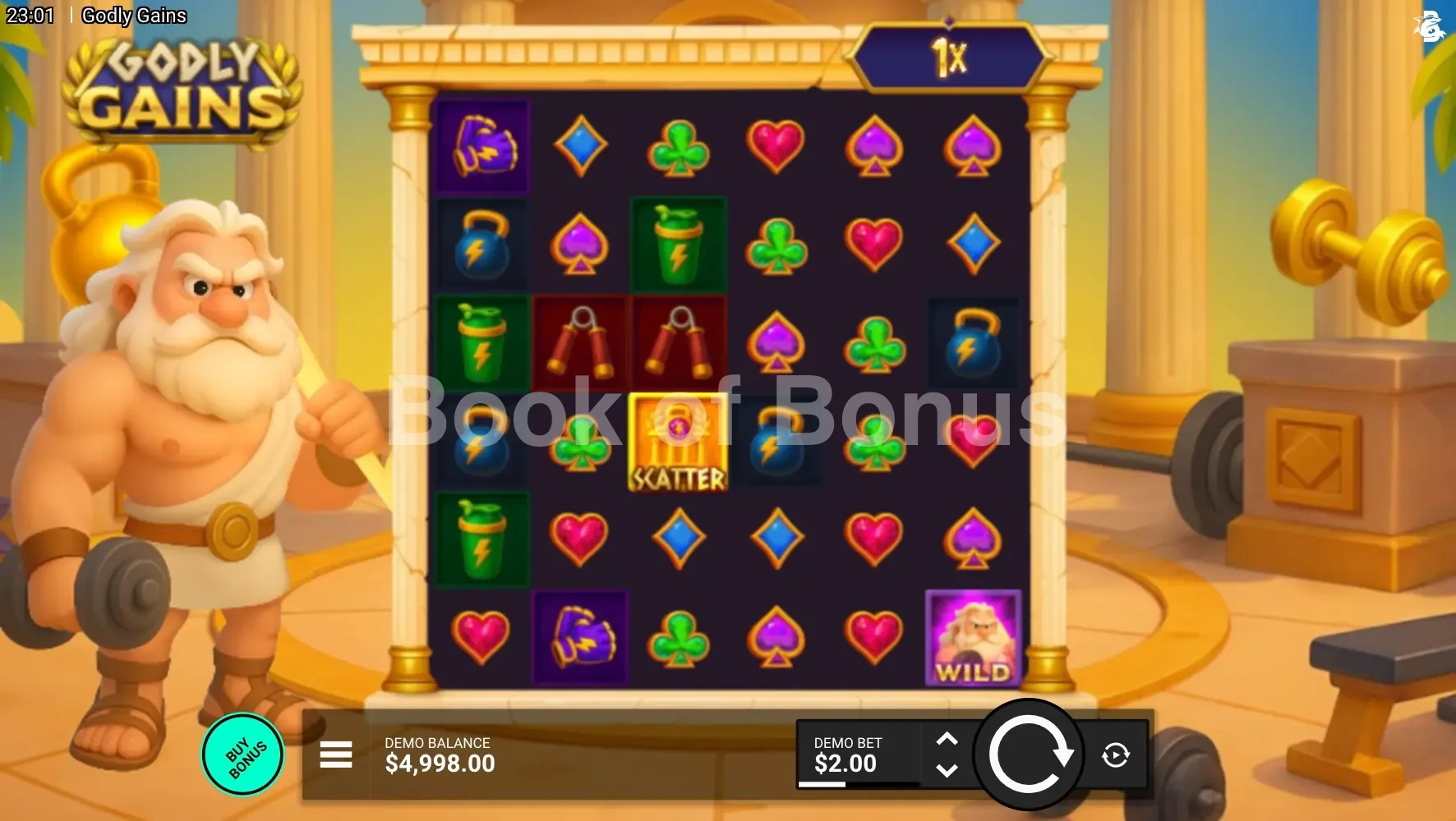 Godly Gains par Hacksaw Gaming - jeu de base et disposition des rouleaux