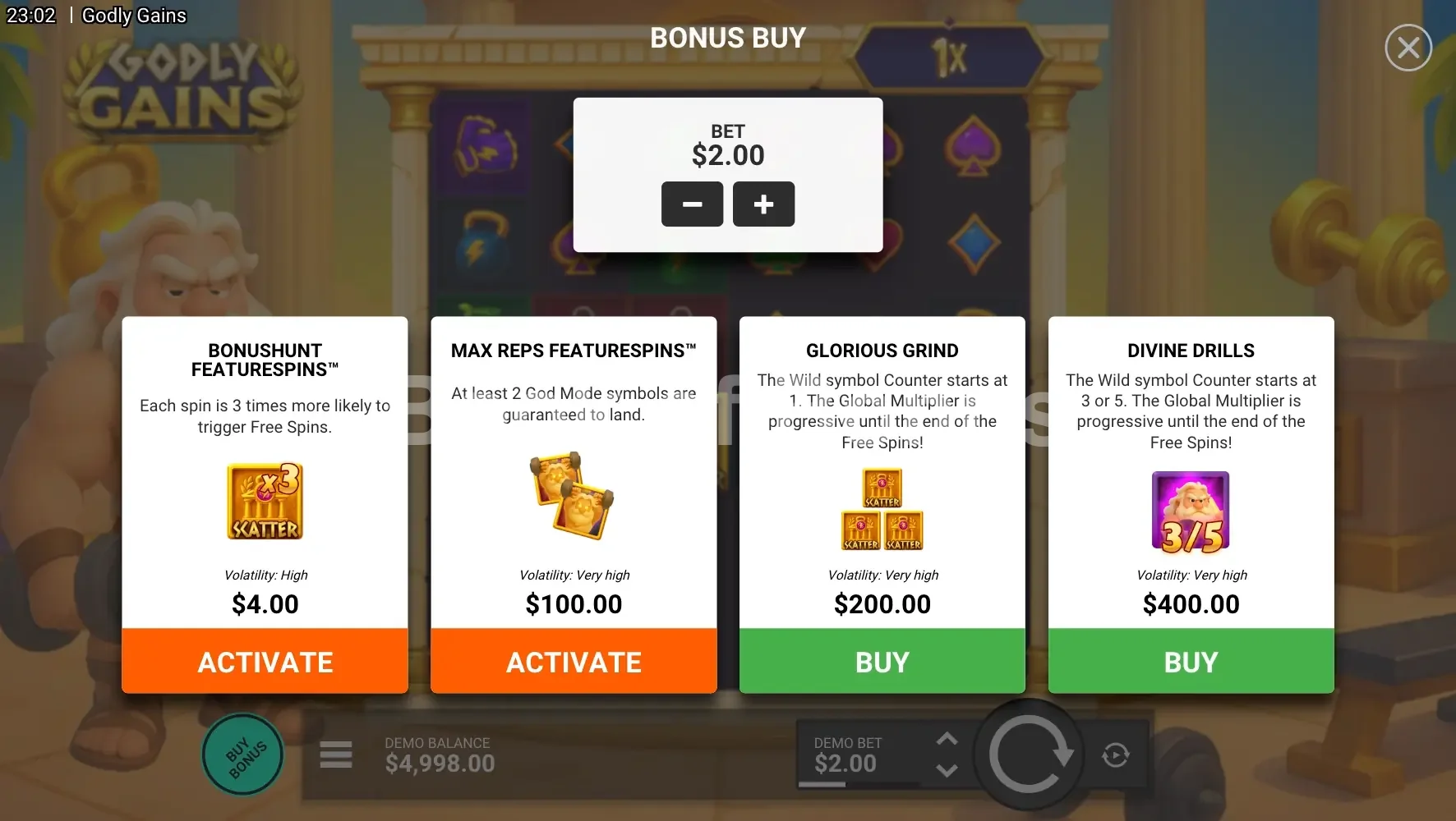 Godly Gains par Hacksaw Gaming - menu d'achat de bonus et options