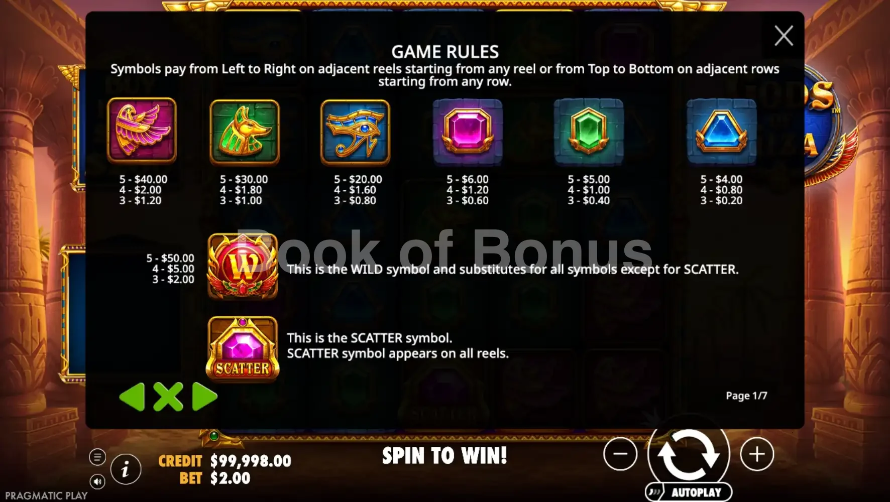 Gods of Giza par Pragmatic Play - table des gains et valeurs des symboles