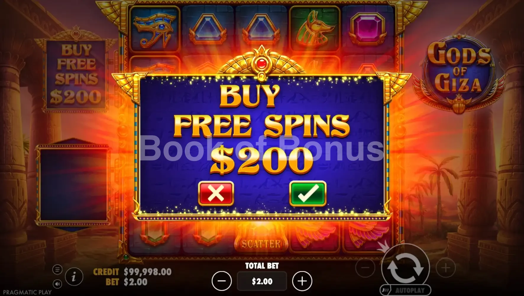 Gods of Giza par Pragmatic Play - menu d'achat de bonus et options