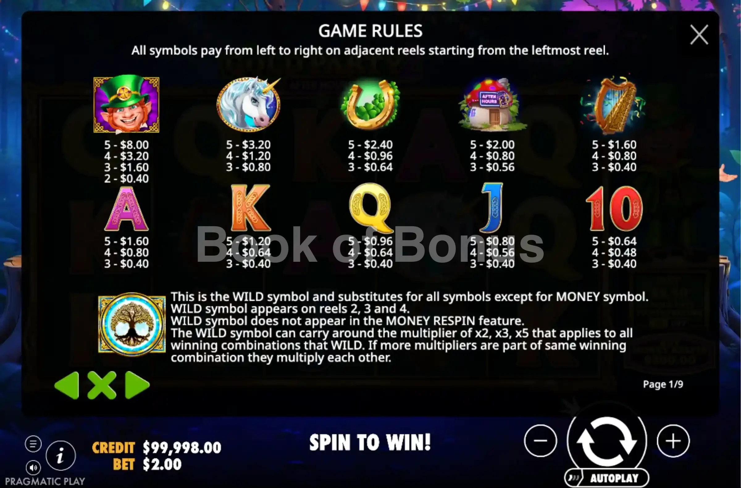 Gold Party 2 After Hours par Pragmatic Play - table des gains et valeurs des symboles