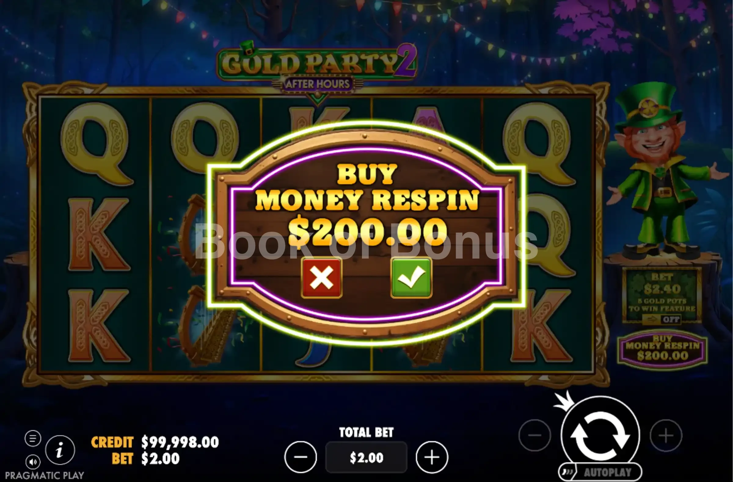 Gold Party 2 After Hours par Pragmatic Play - menu d'achat de bonus et options