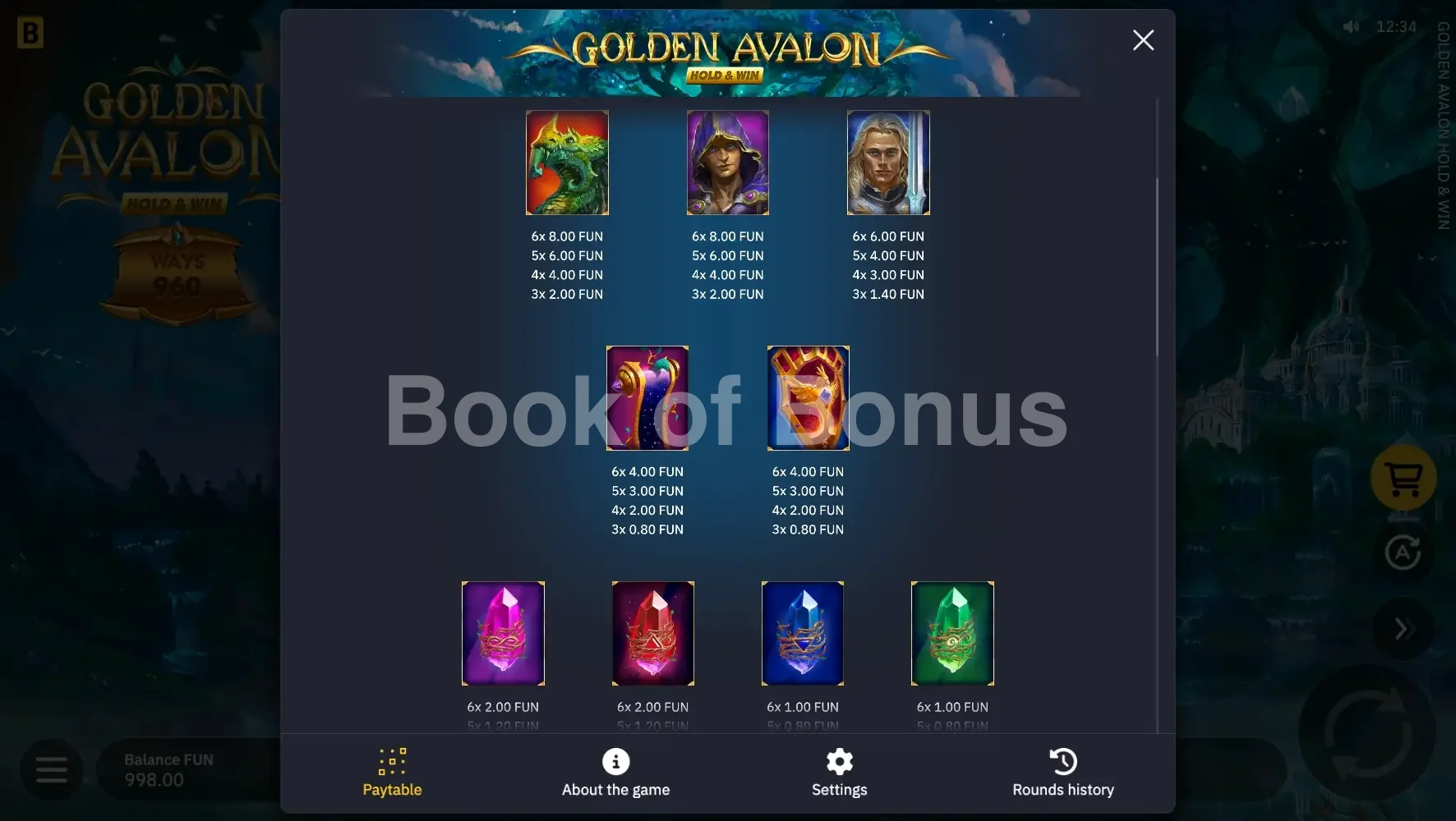 Golden Avalon Hold & Win par BGaming - table des gains et valeurs des symboles