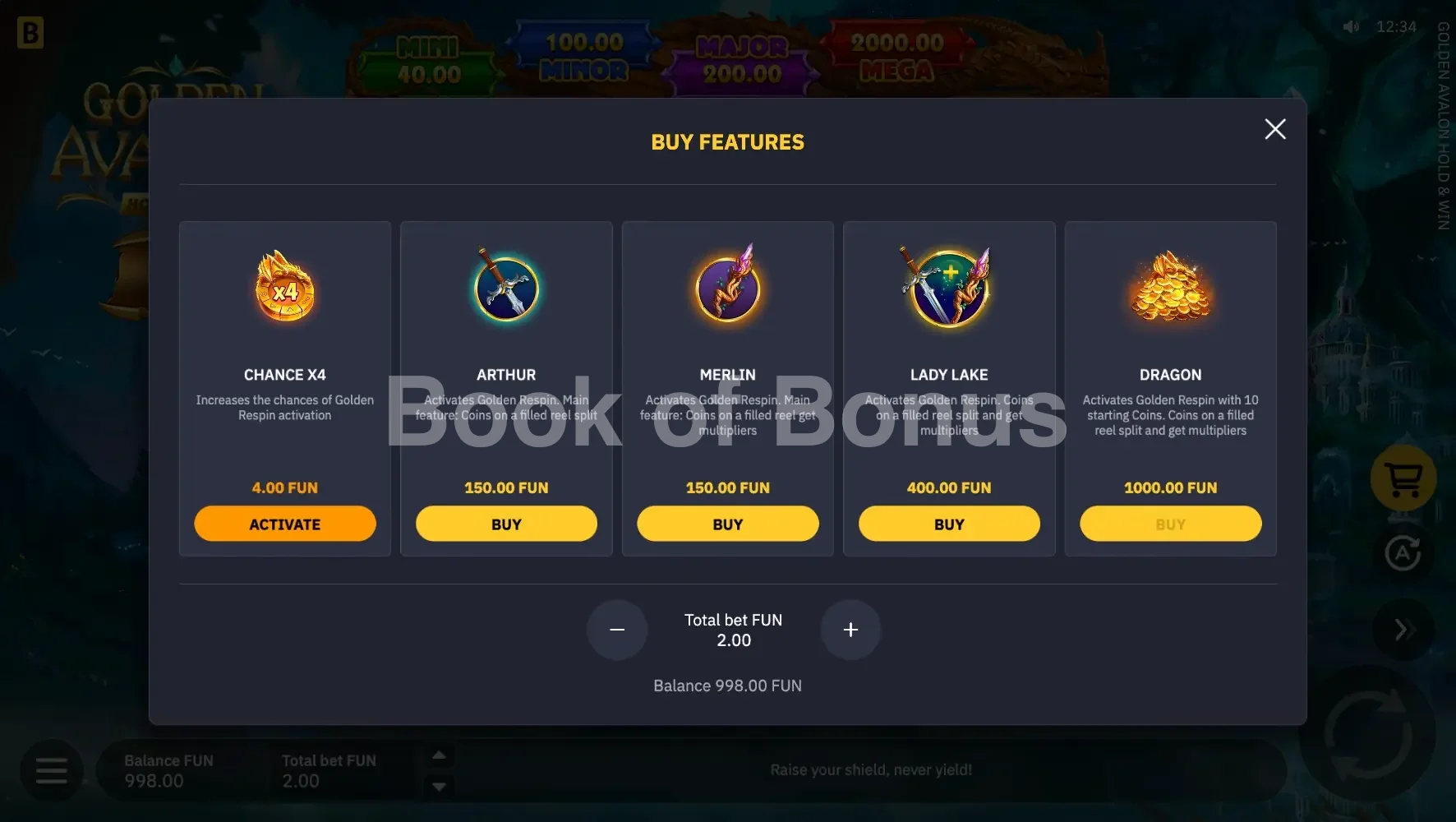 Golden Avalon Hold & Win par BGaming - menu d'achat de bonus et options