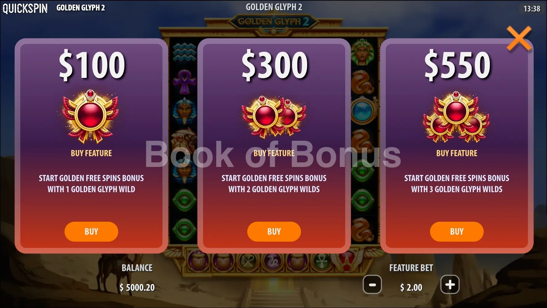 Golden Glyph 2 par Quickspin - menu d'achat de bonus et options