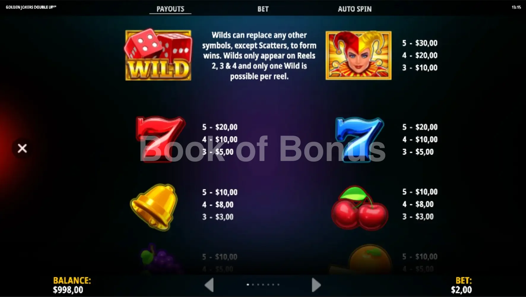 Golden Jokers Double Up par iSoftBet - table des gains et valeurs des symboles