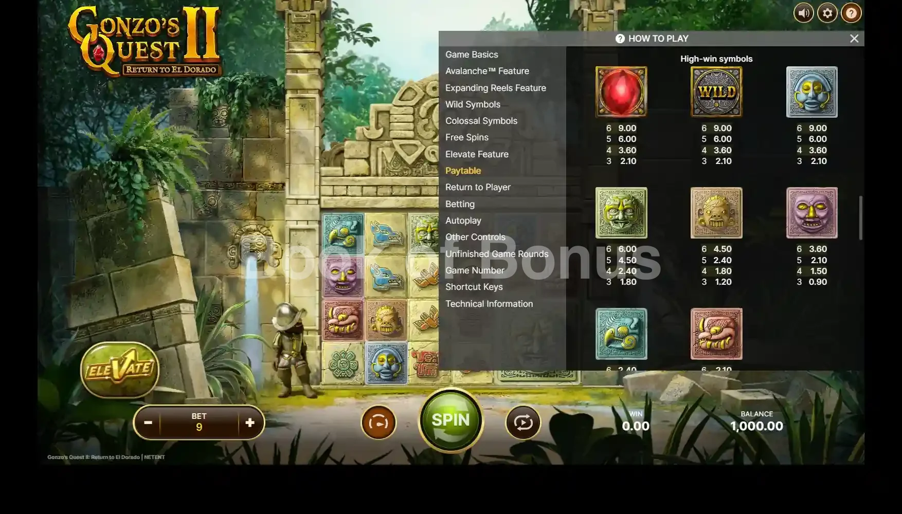 Gonzo's Quest 2 par NetEnt - table des gains et valeurs des symboles