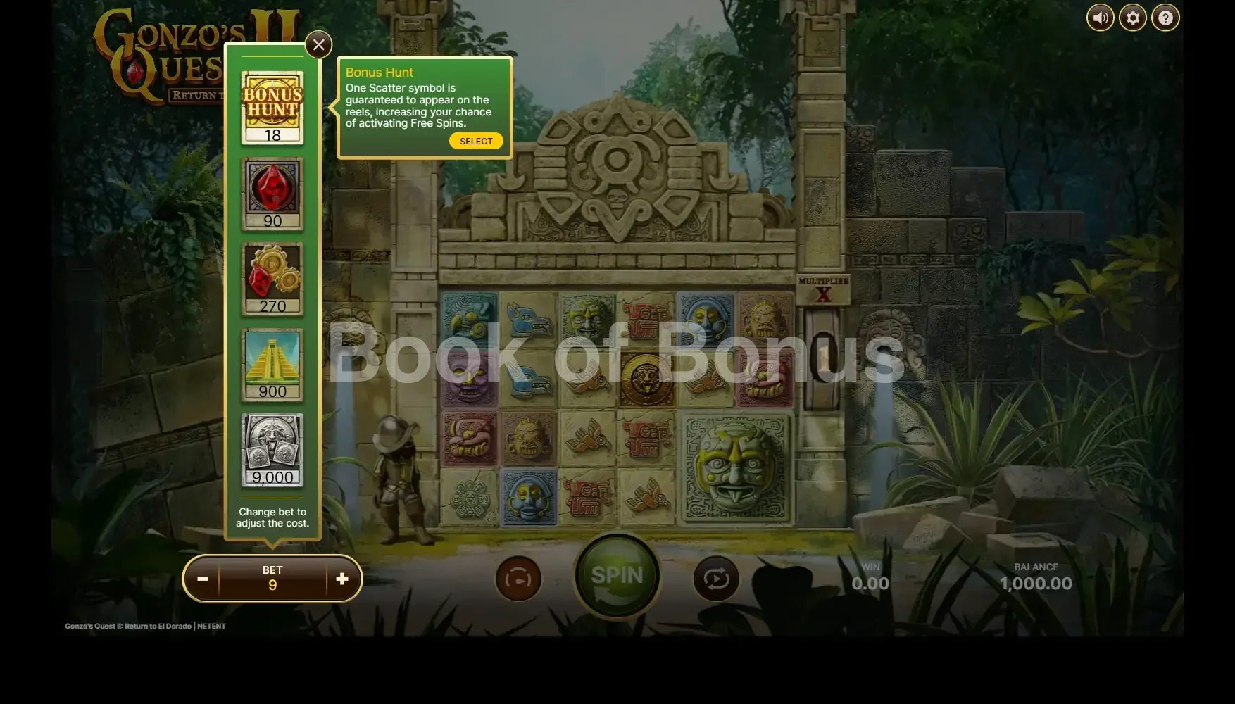 Gonzo's Quest 2 par NetEnt - menu d'achat de bonus et options