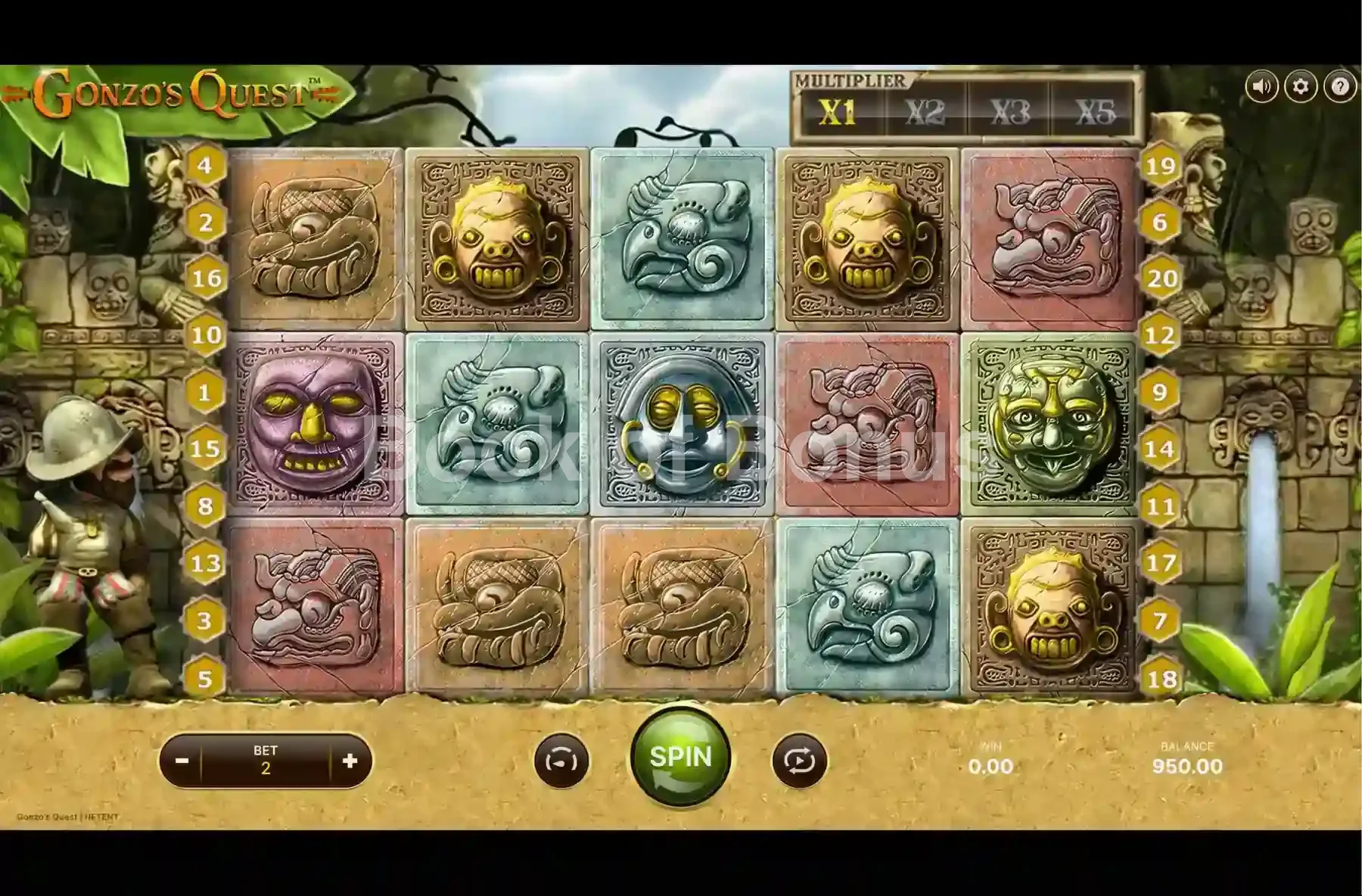 Gonzos Quest par NetEnt - jeu de base et disposition des rouleaux