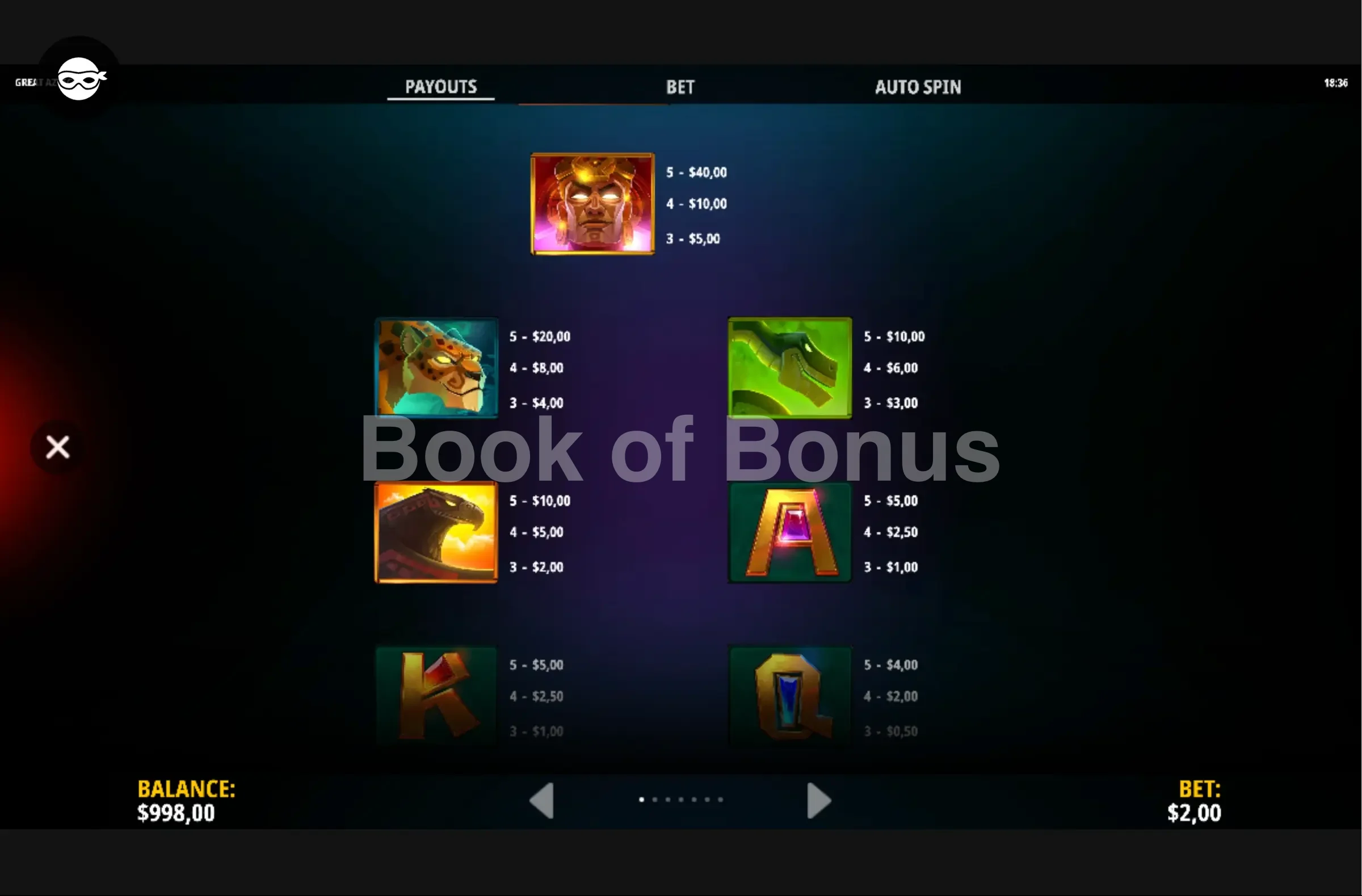 Great Aztec par iSoftBet - table des gains et valeurs des symboles