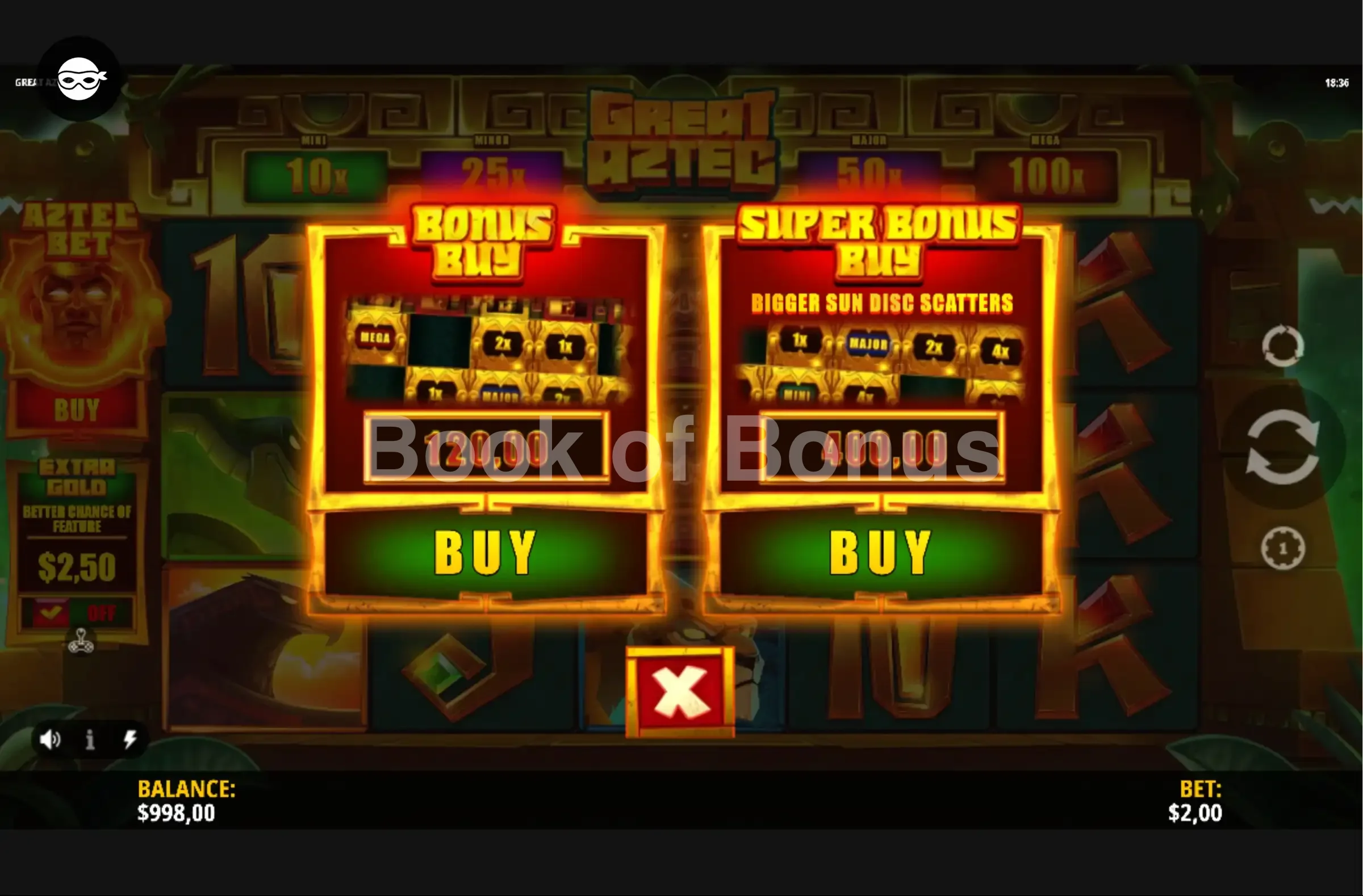 Great Aztec par iSoftBet - menu d'achat de bonus et options