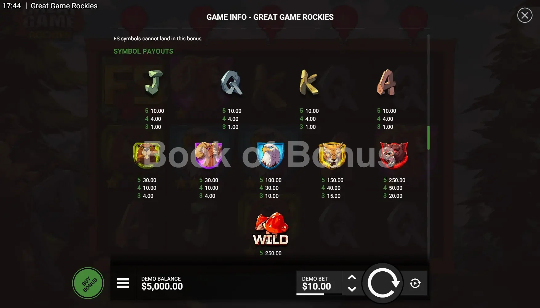 Great Game Rockies par Hacksaw Gaming - table des gains et valeurs des symboles