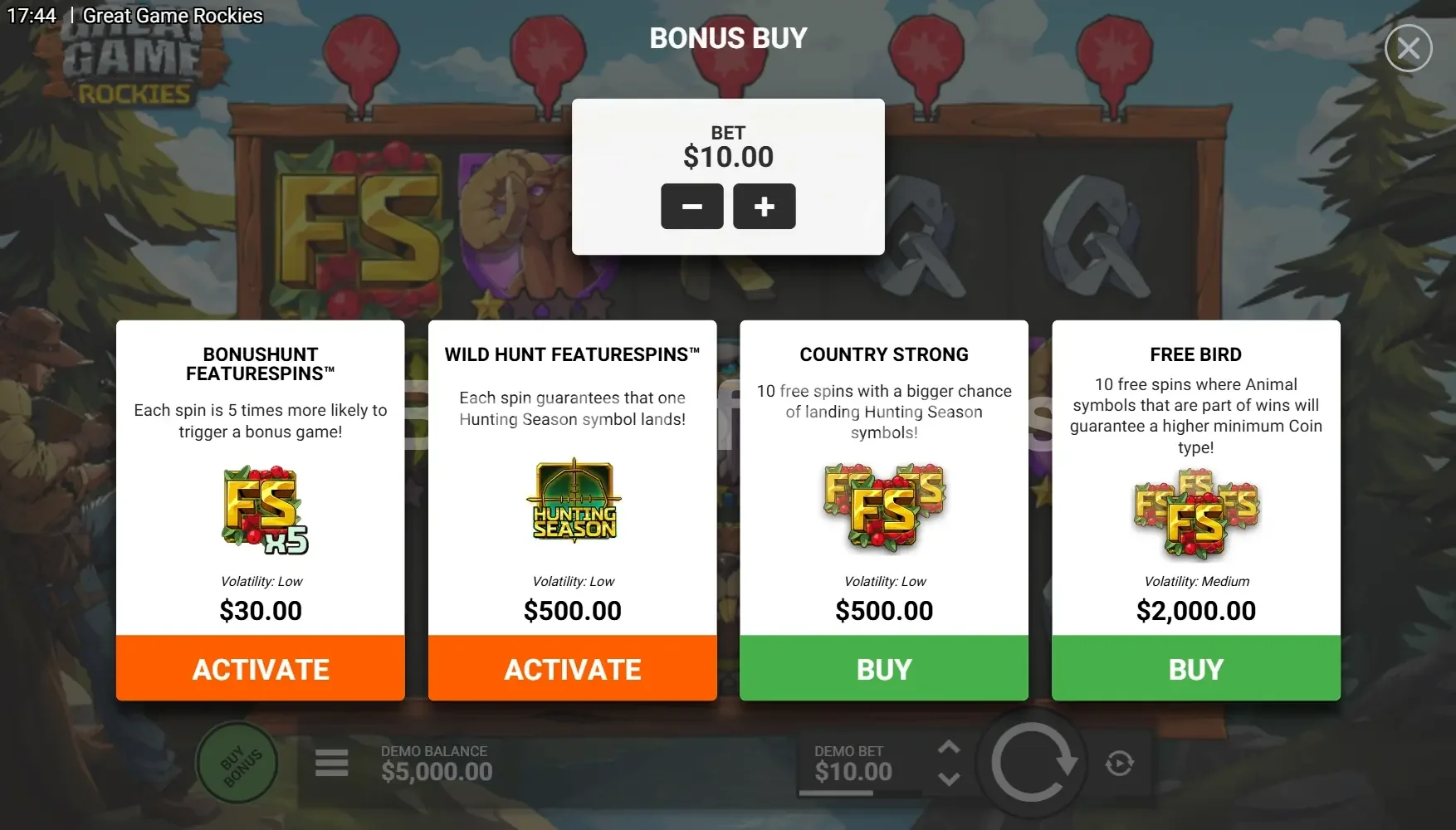 Great Game Rockies par Hacksaw Gaming - menu d'achat de bonus et options