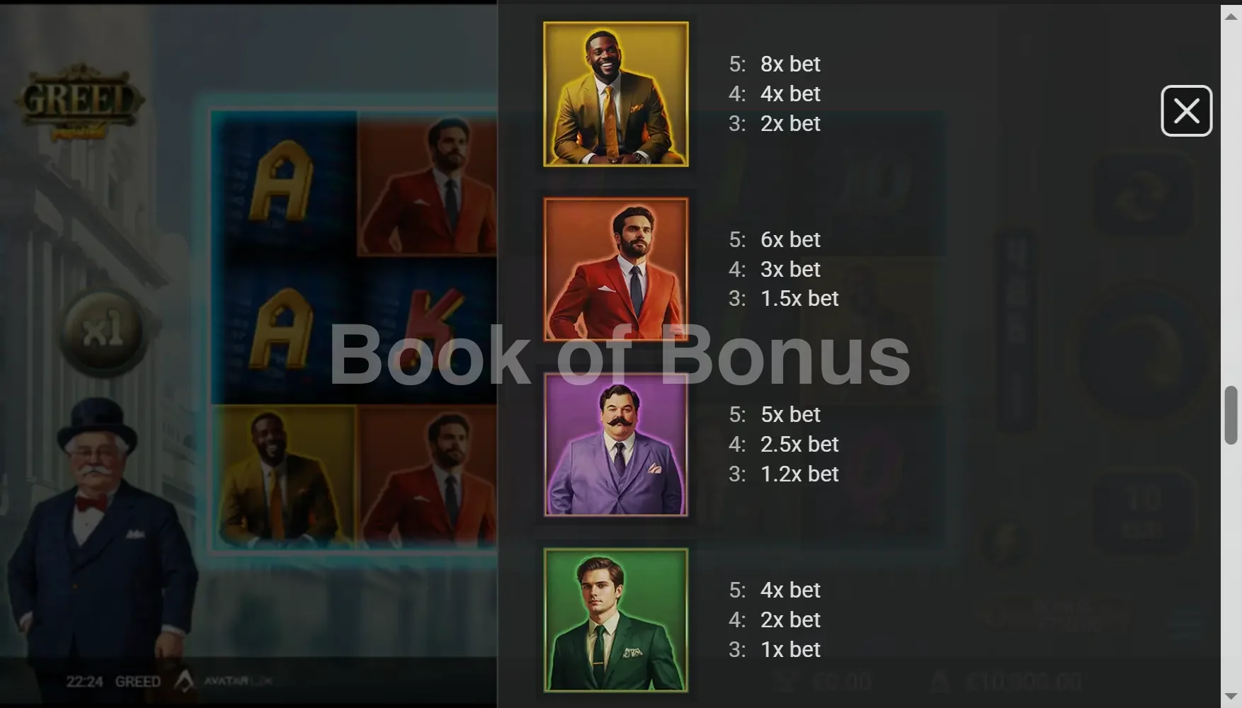 Greed par Avatar UX - table des gains et valeurs des symboles