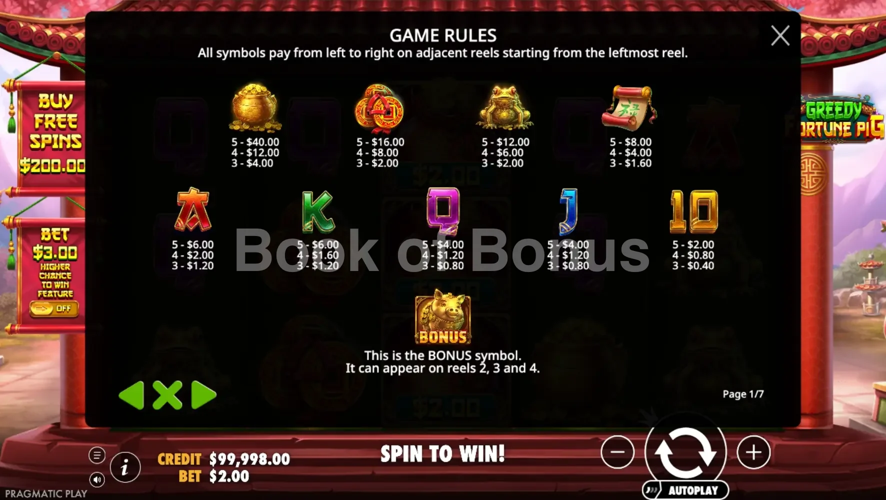 Greedy Fortune Pig par Pragmatic Play - table des gains et valeurs des symboles