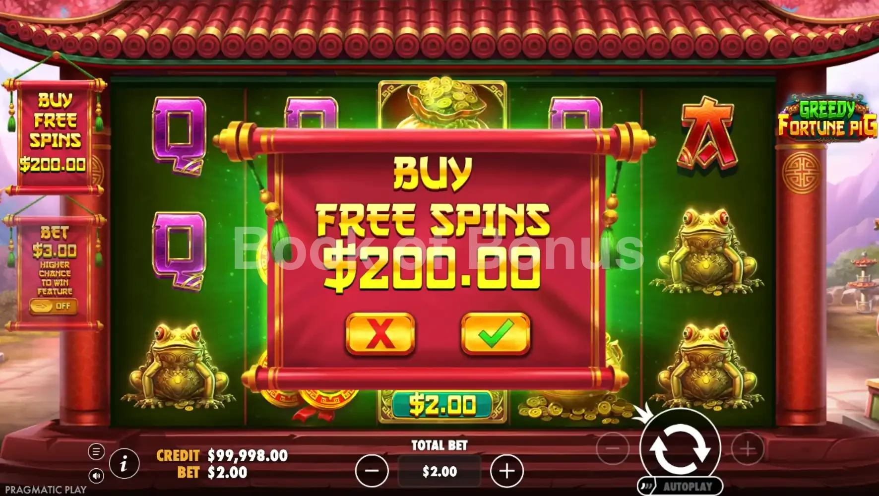 Greedy Fortune Pig par Pragmatic Play - menu d'achat de bonus et options