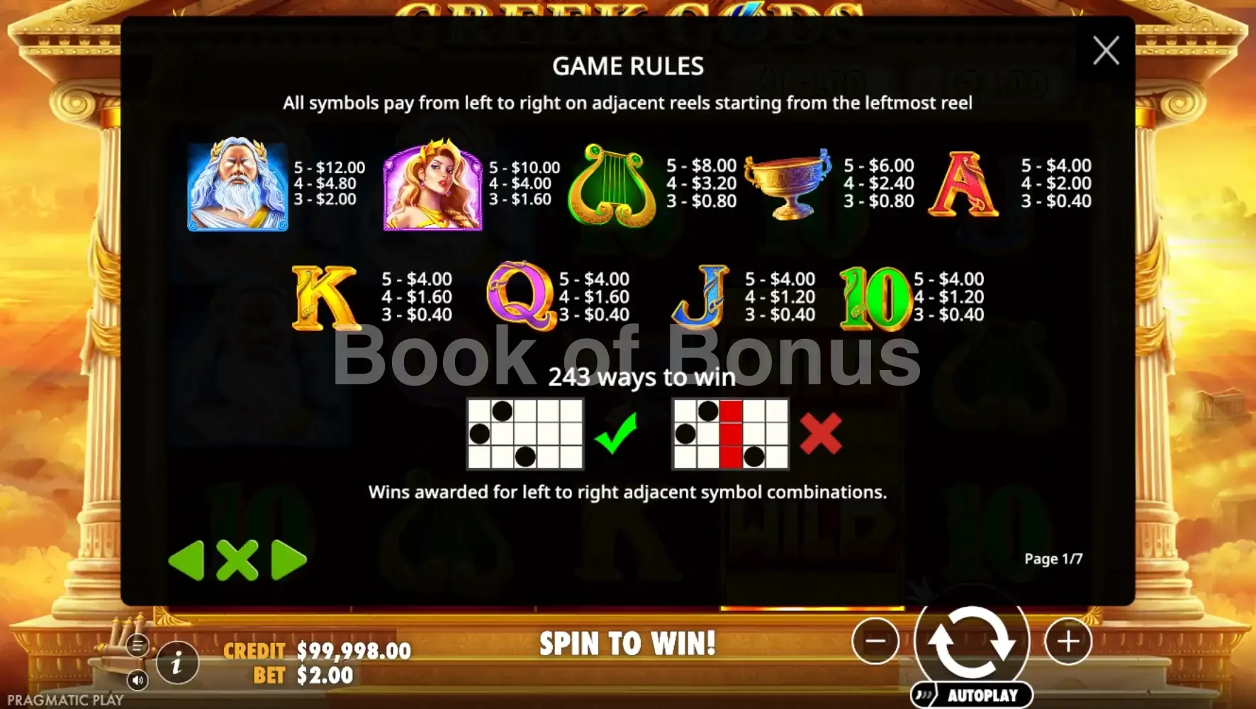Greek Gods par Pragmatic Play - table des gains et valeurs des symboles