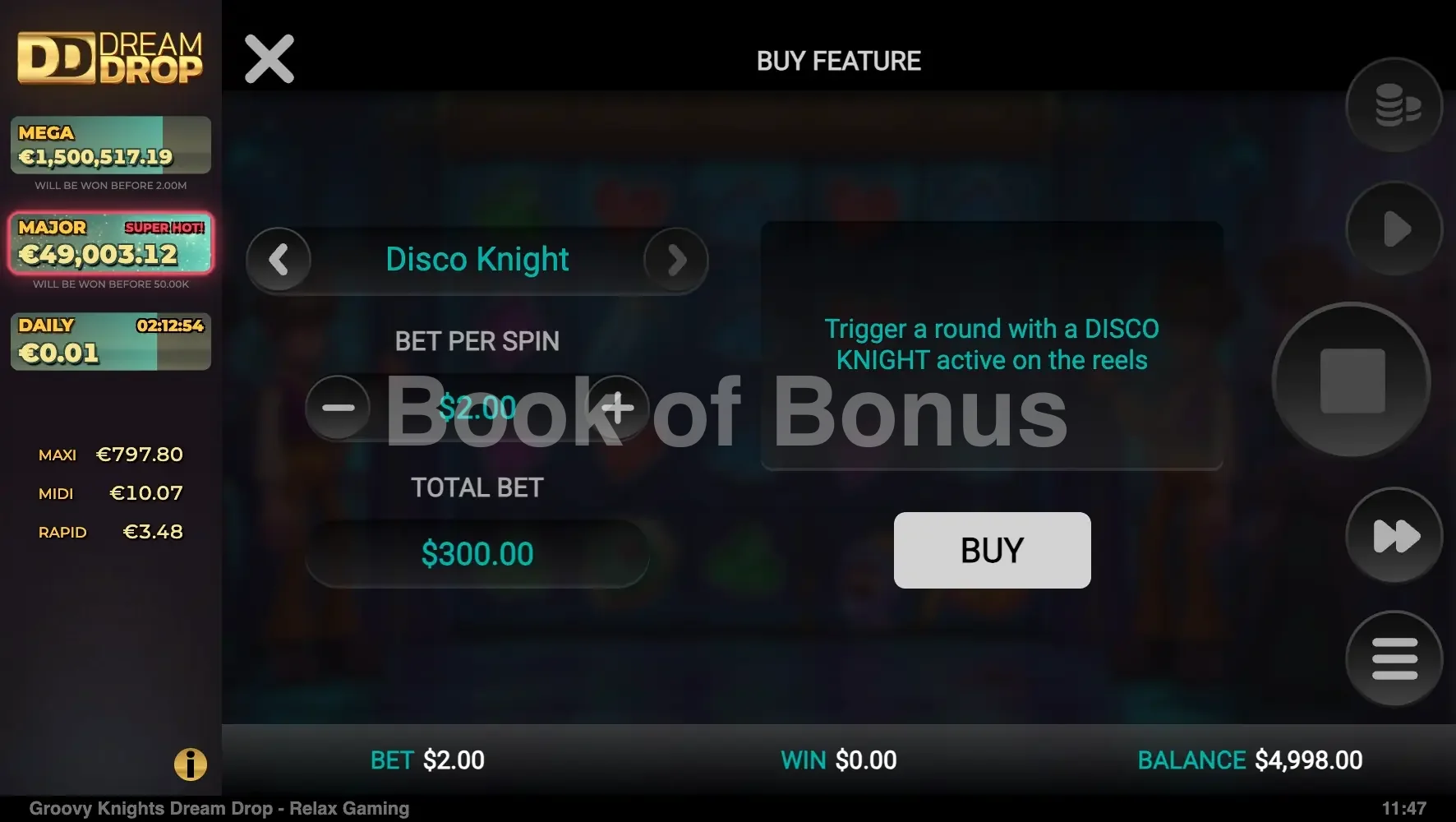 Groovy Knights Dream Drop par Relax Gaming - menu d'achat de bonus et options