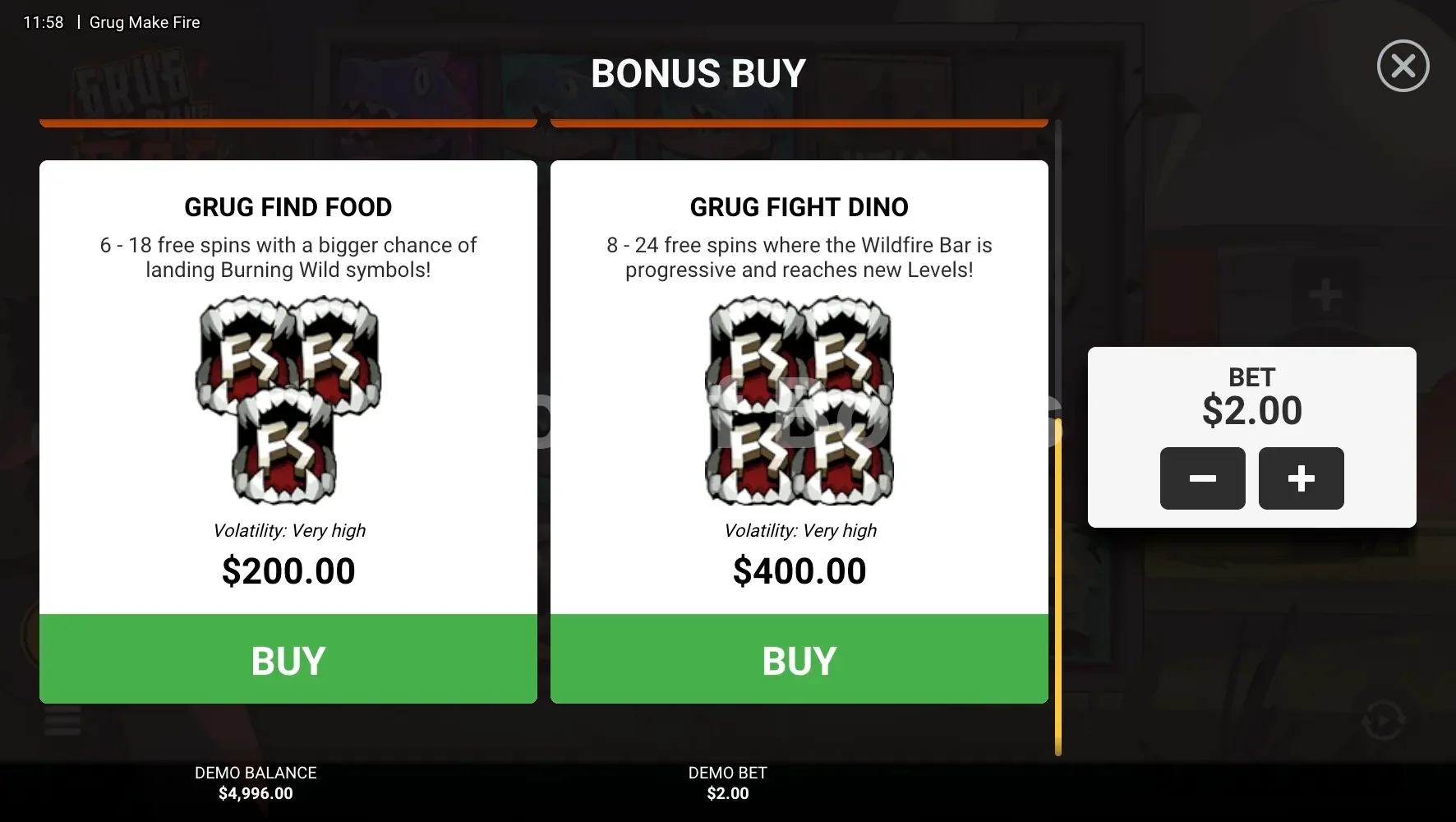 Achat de bonus Grug Make Fire