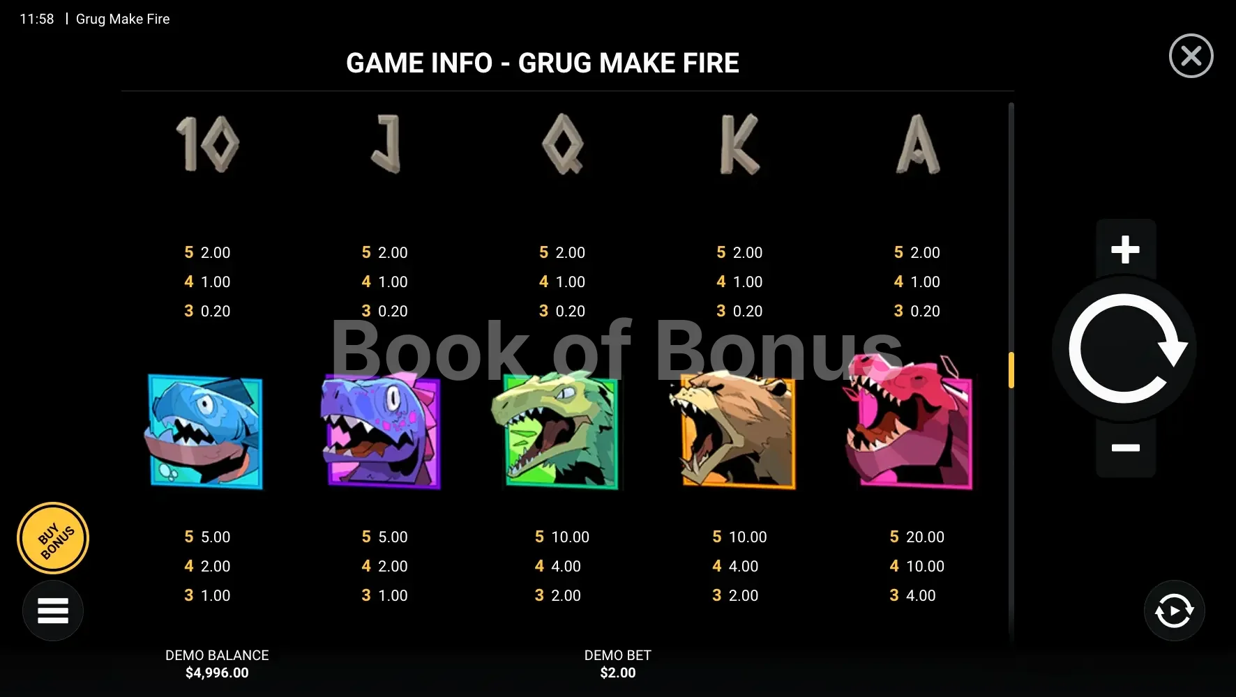 Table des gains Grug Make Fire