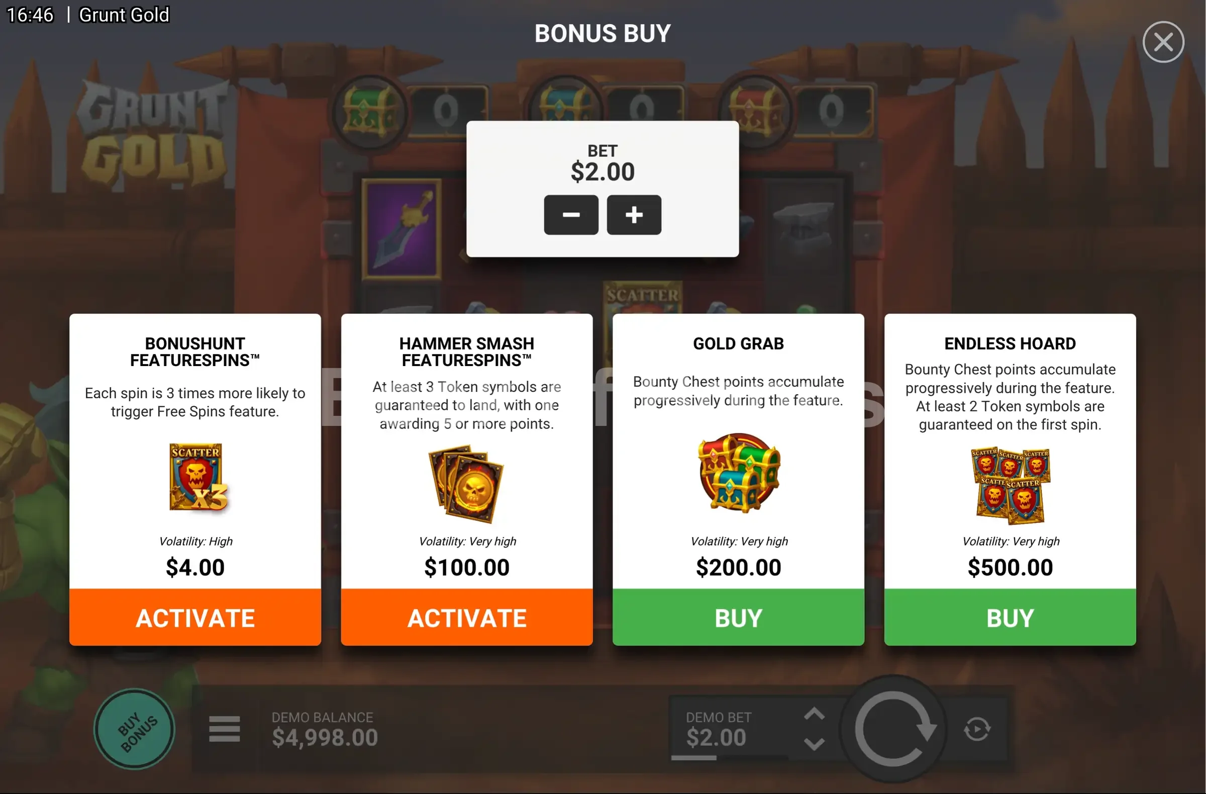 Grunt Gold par Hacksaw Gaming - menu d'achat de bonus et options