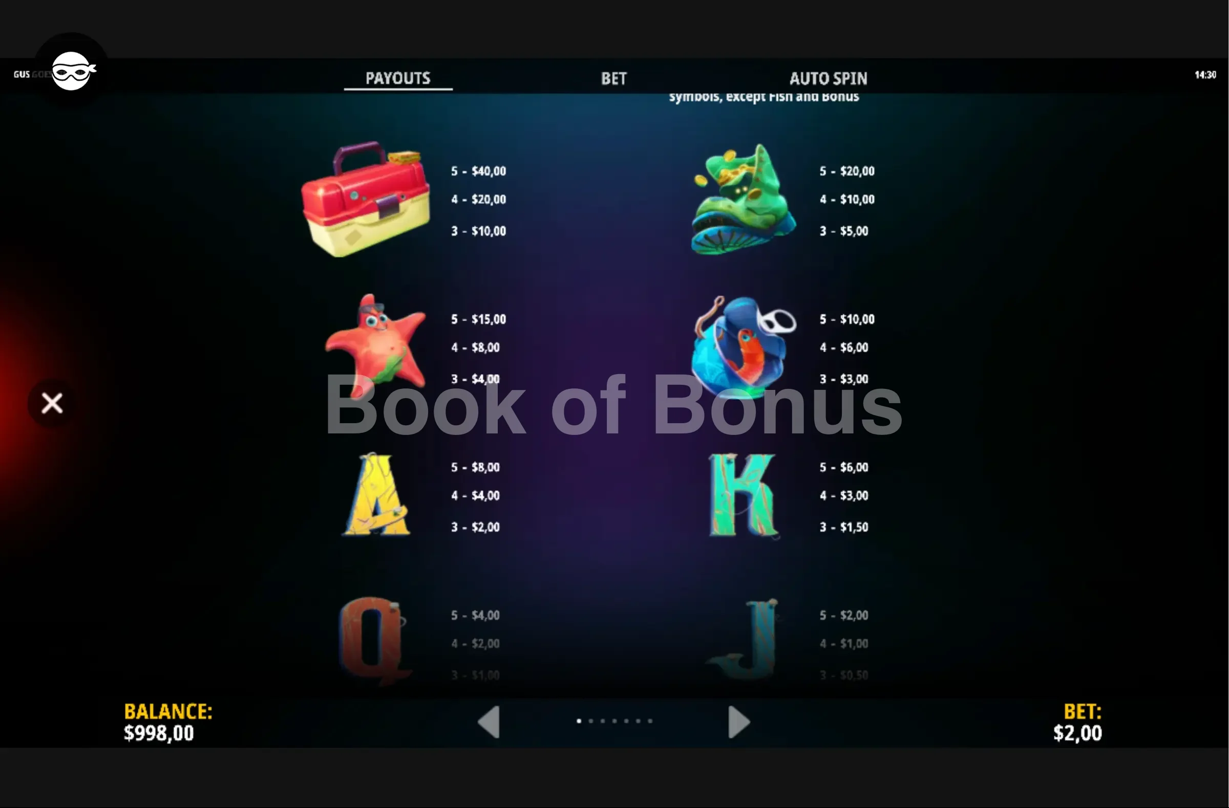 Gus Goes Fishin’ par iSoftBet - table des gains et valeurs des symboles