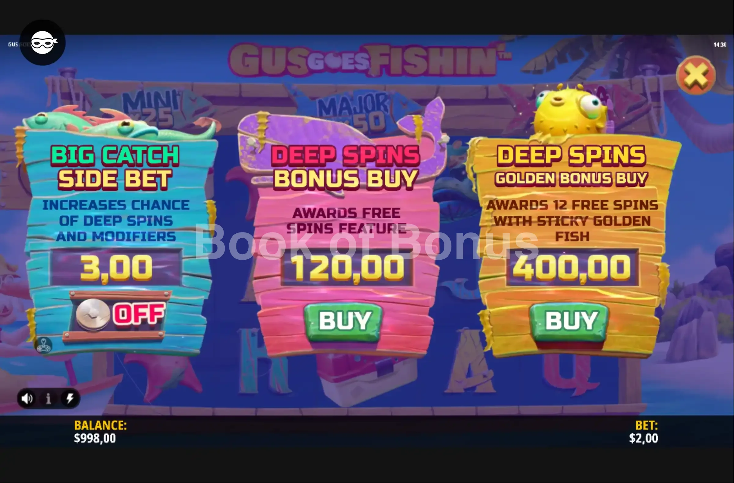 Gus Goes Fishin’ par iSoftBet - menu d'achat de bonus et options