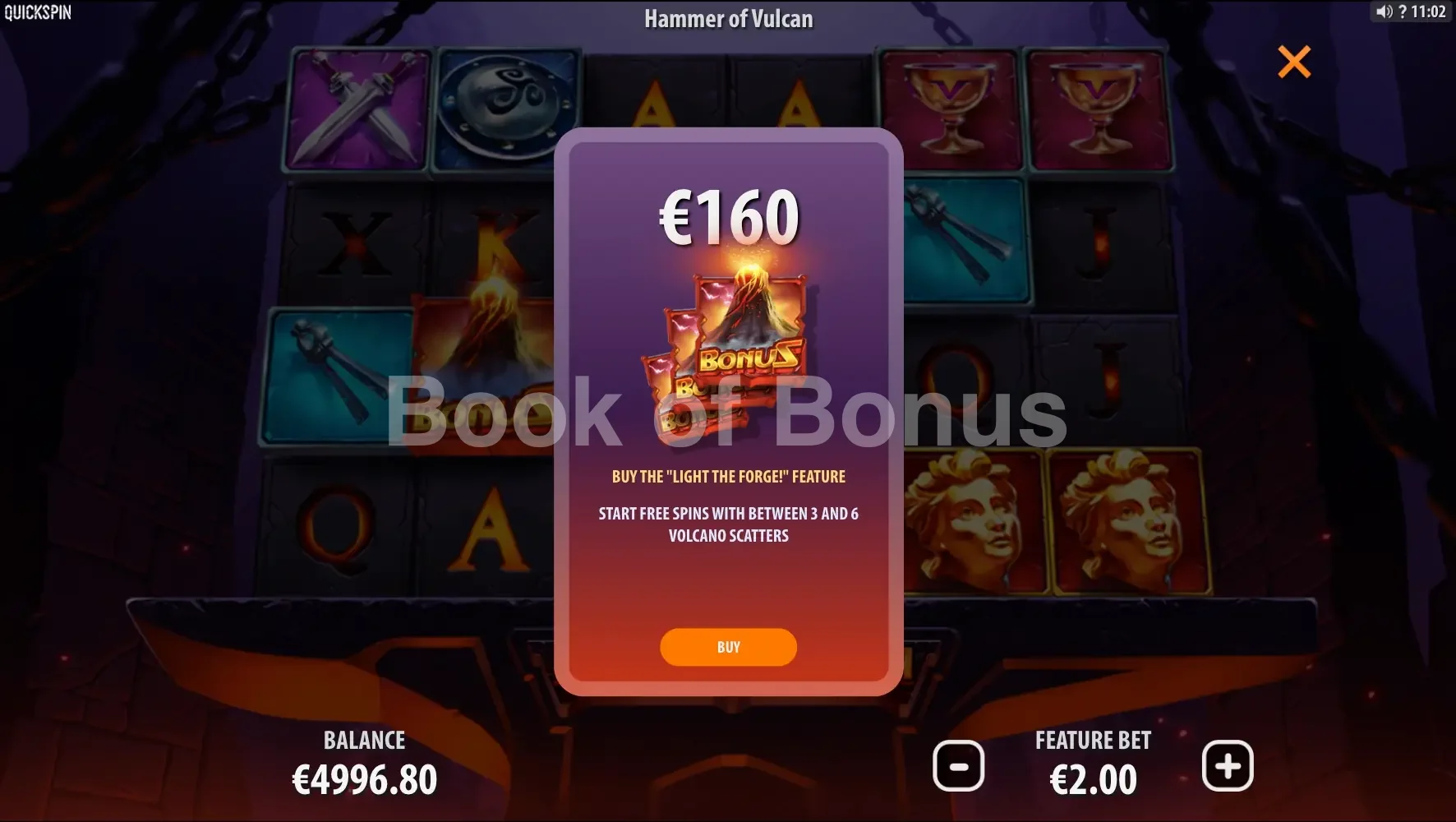Hammer Of Vulcan par Quickspin - menu d'achat de bonus et options