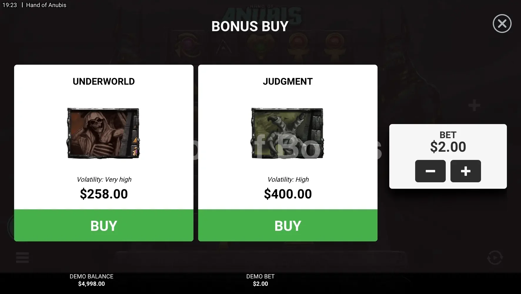 Hand of Anubis par Hacksaw Gaming - menu d'achat de bonus et options