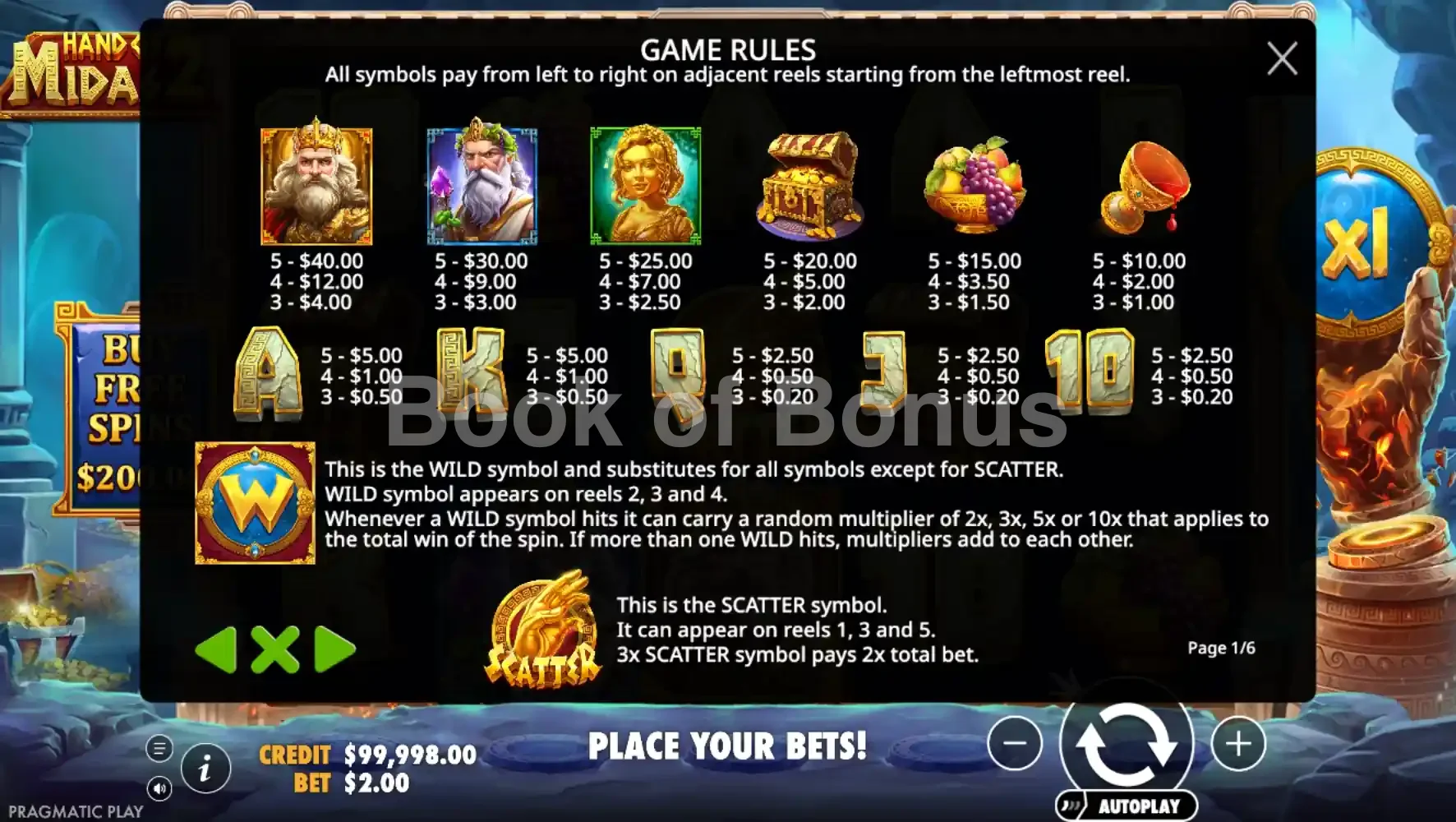 Hand of Midas 2 par Pragmatic Play - table des gains et valeurs des symboles