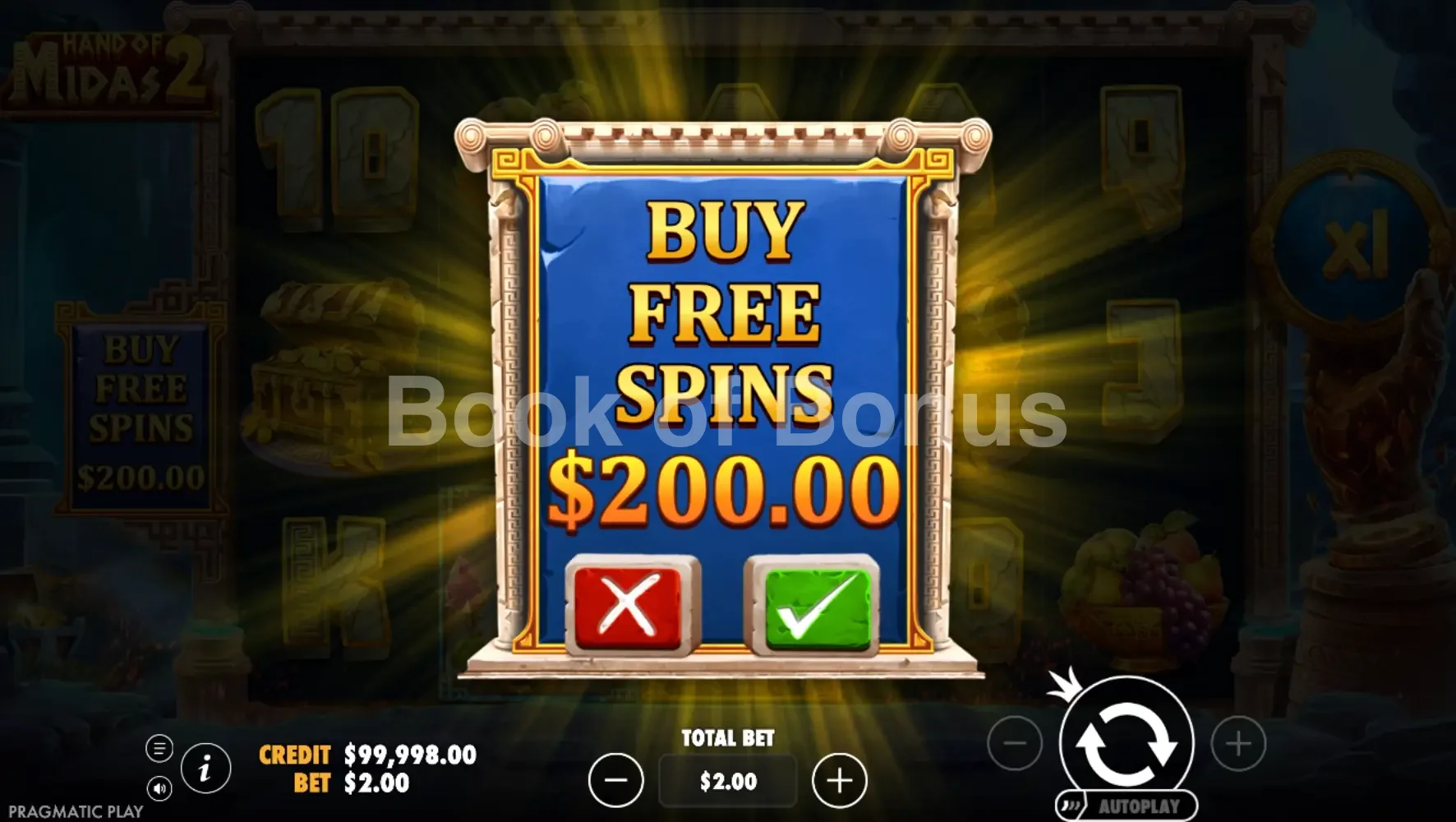Hand of Midas 2 par Pragmatic Play - menu d'achat de bonus et options