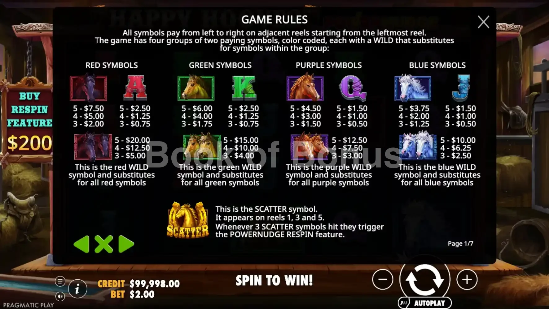 Happy Hooves par Pragmatic Play - table des gains et valeurs des symboles