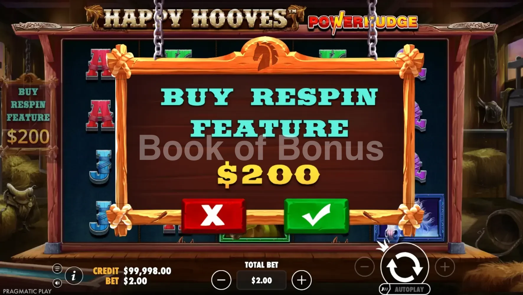 Happy Hooves par Pragmatic Play - menu d'achat de bonus et options