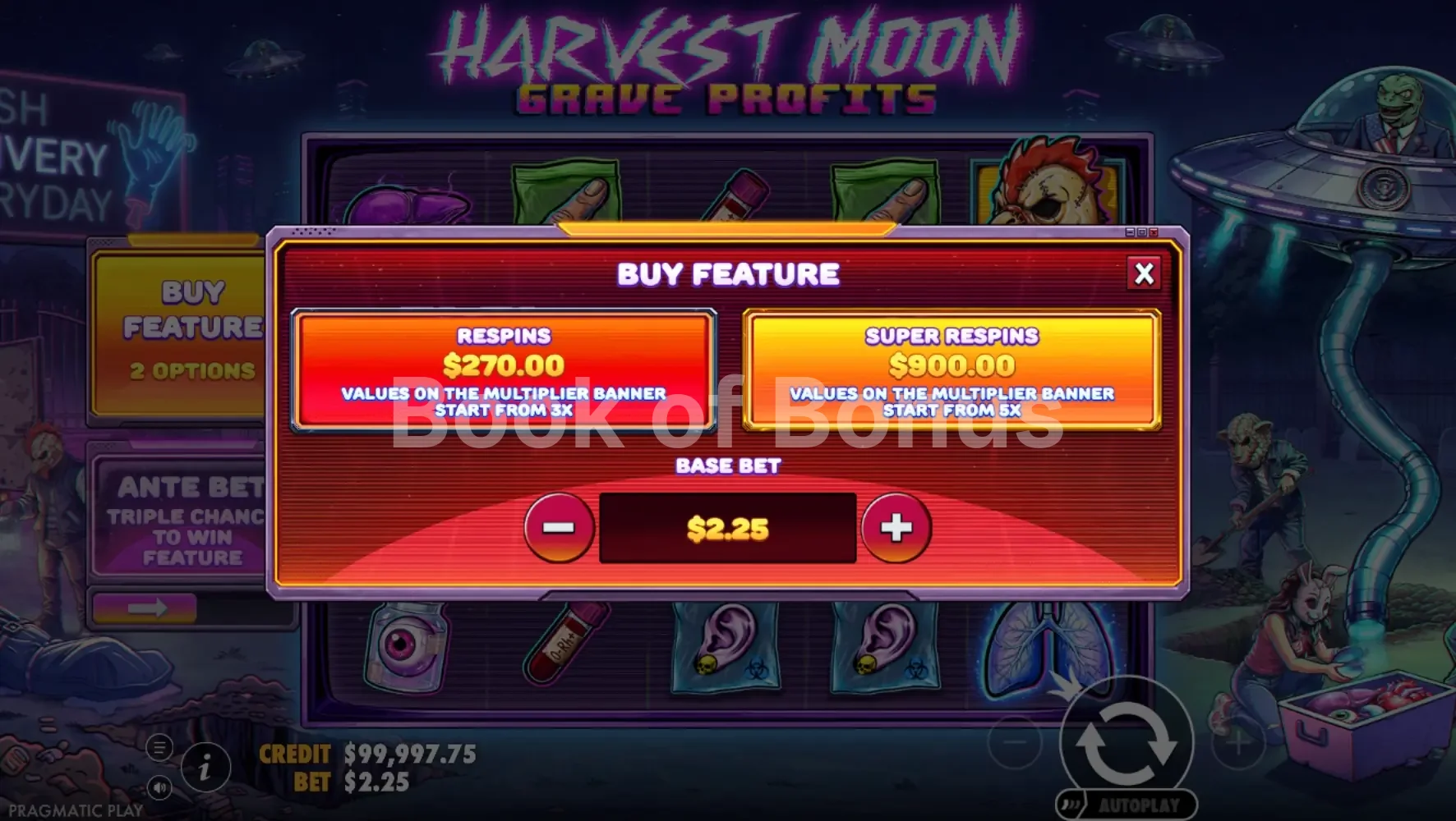 Harvest Moon Grave Profits par Pragmatic Play - menu d'achat de bonus et options