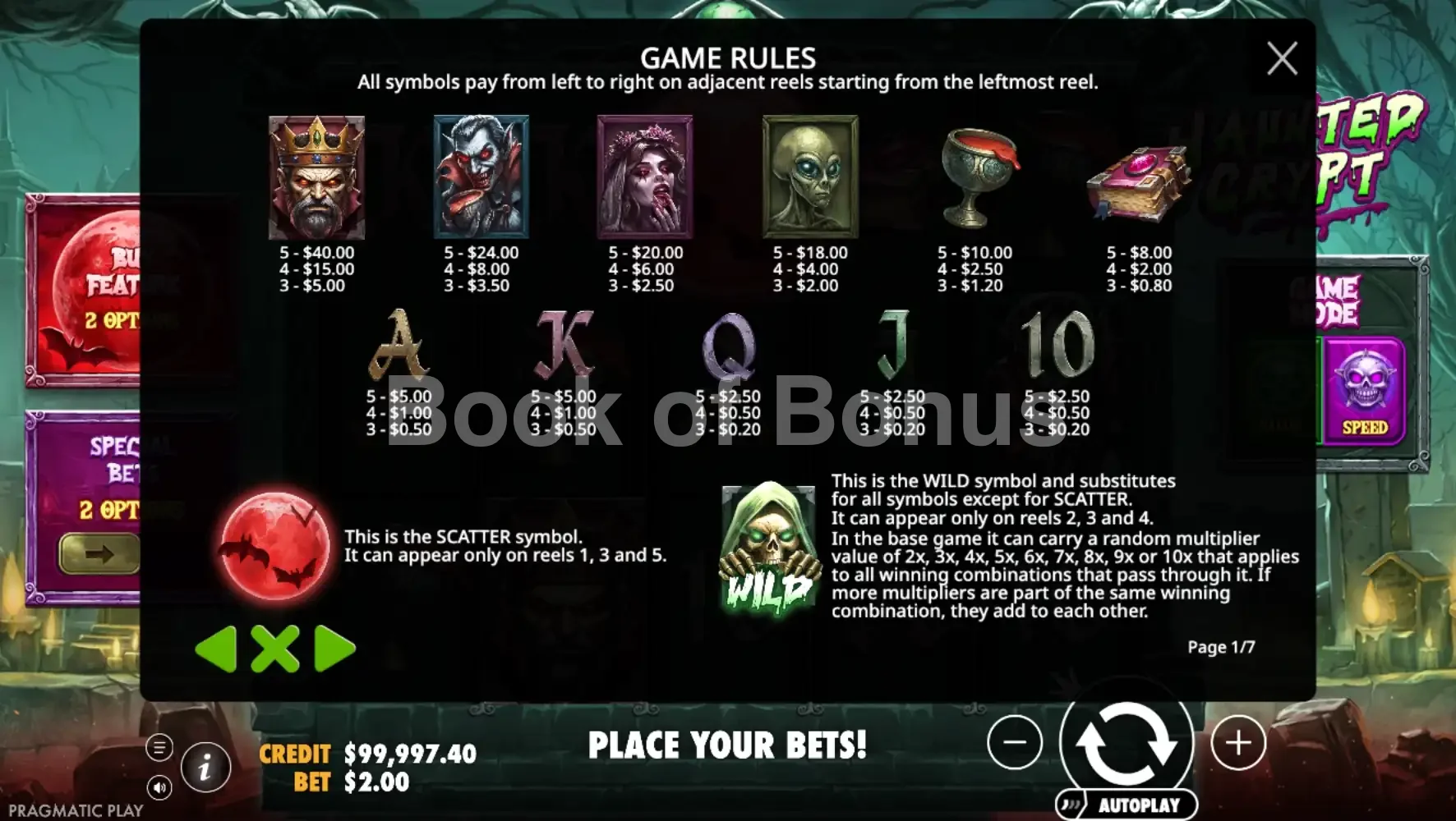 Haunted Crypt par Pragmatic Play - table des gains et valeurs des symboles