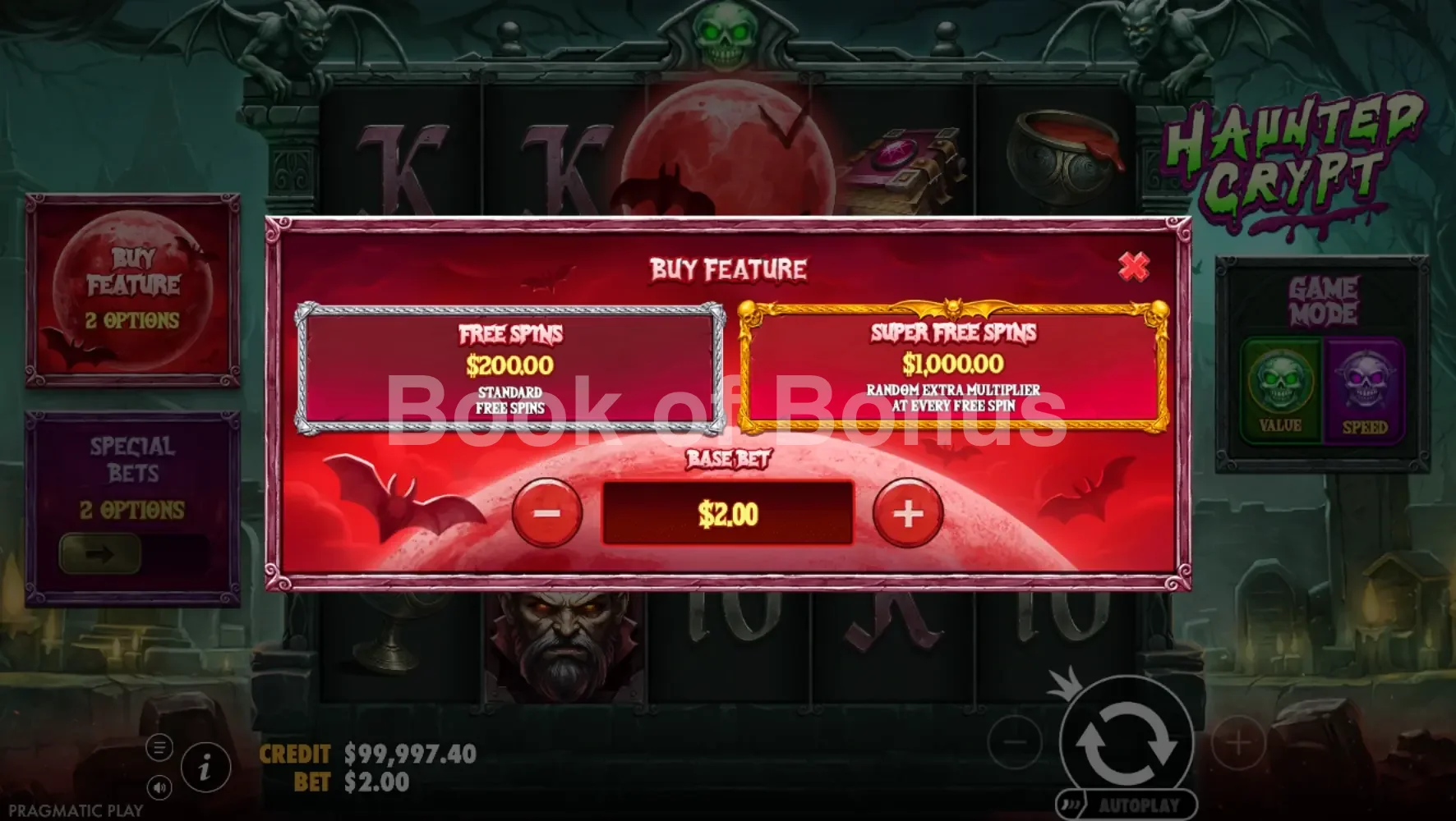 Haunted Crypt par Pragmatic Play - menu d'achat de bonus et options
