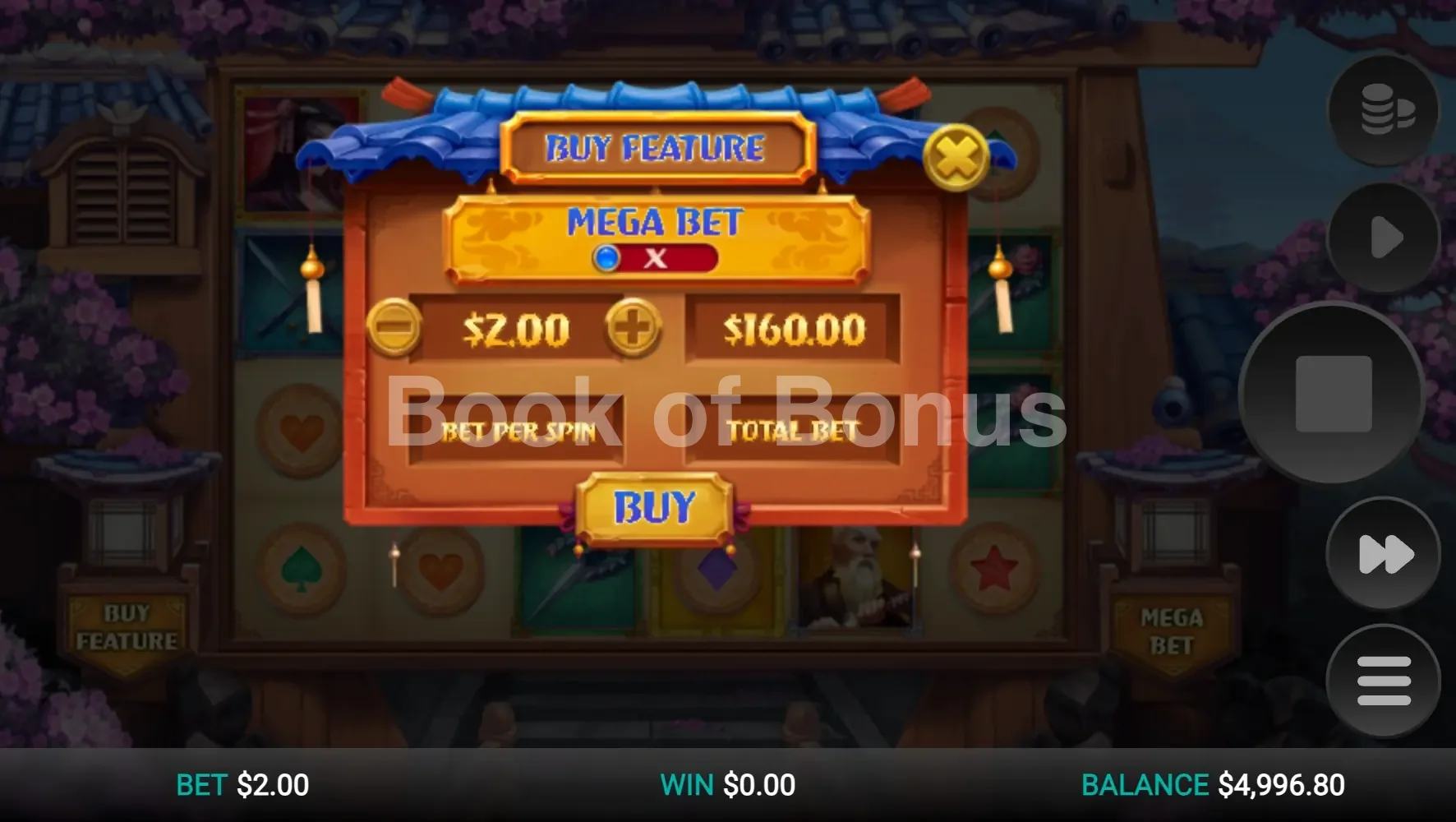 Hazakura Ways par Relax Gaming - menu d'achat de bonus et options