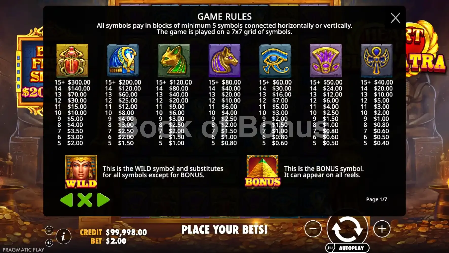 Heart of Cleopatra par Pragmatic Play - table des gains et valeurs des symboles