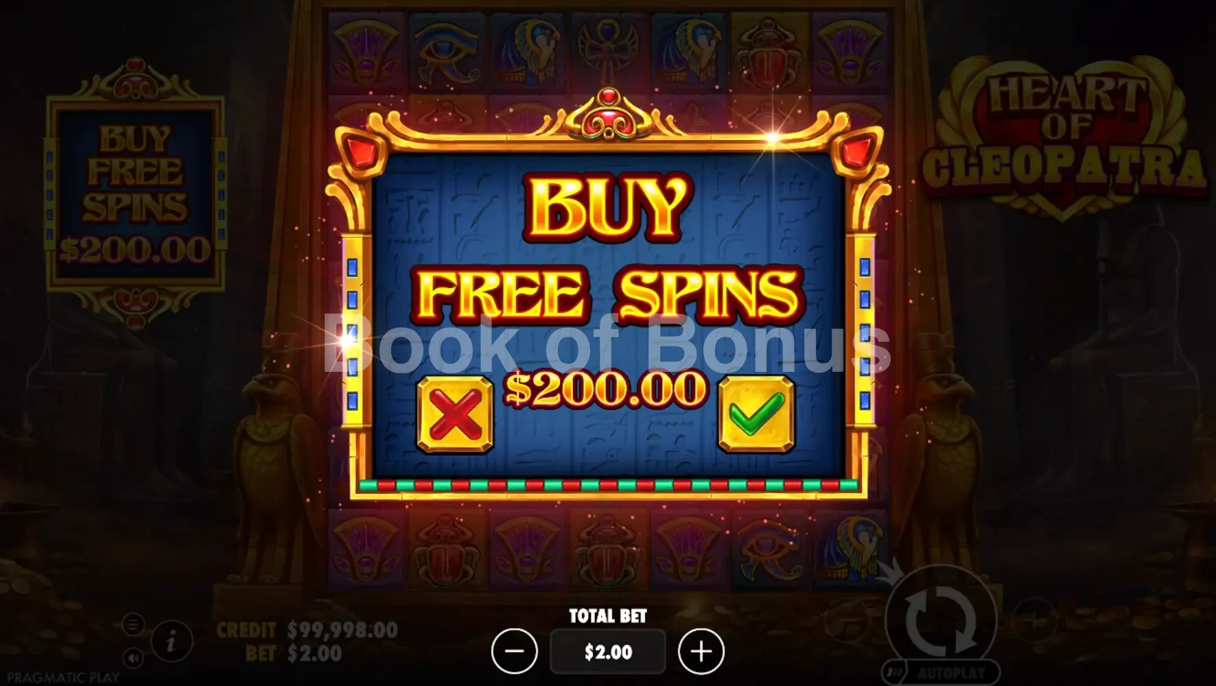 Heart of Cleopatra par Pragmatic Play - menu d'achat de bonus et options