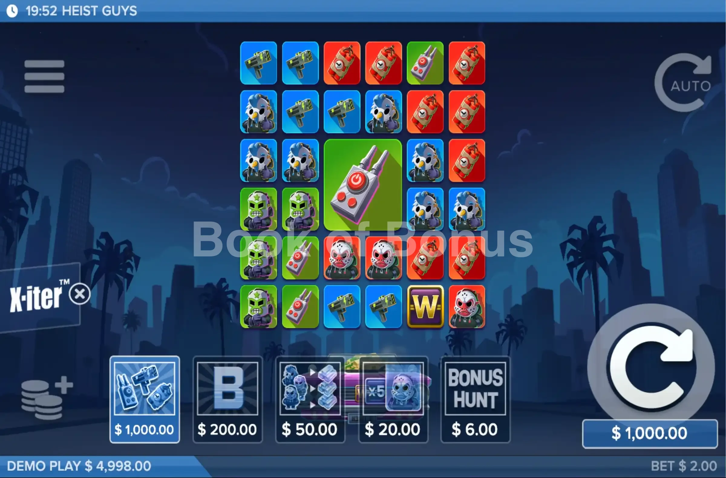 Heist Guys par ELK Studios - menu d'achat de bonus et options