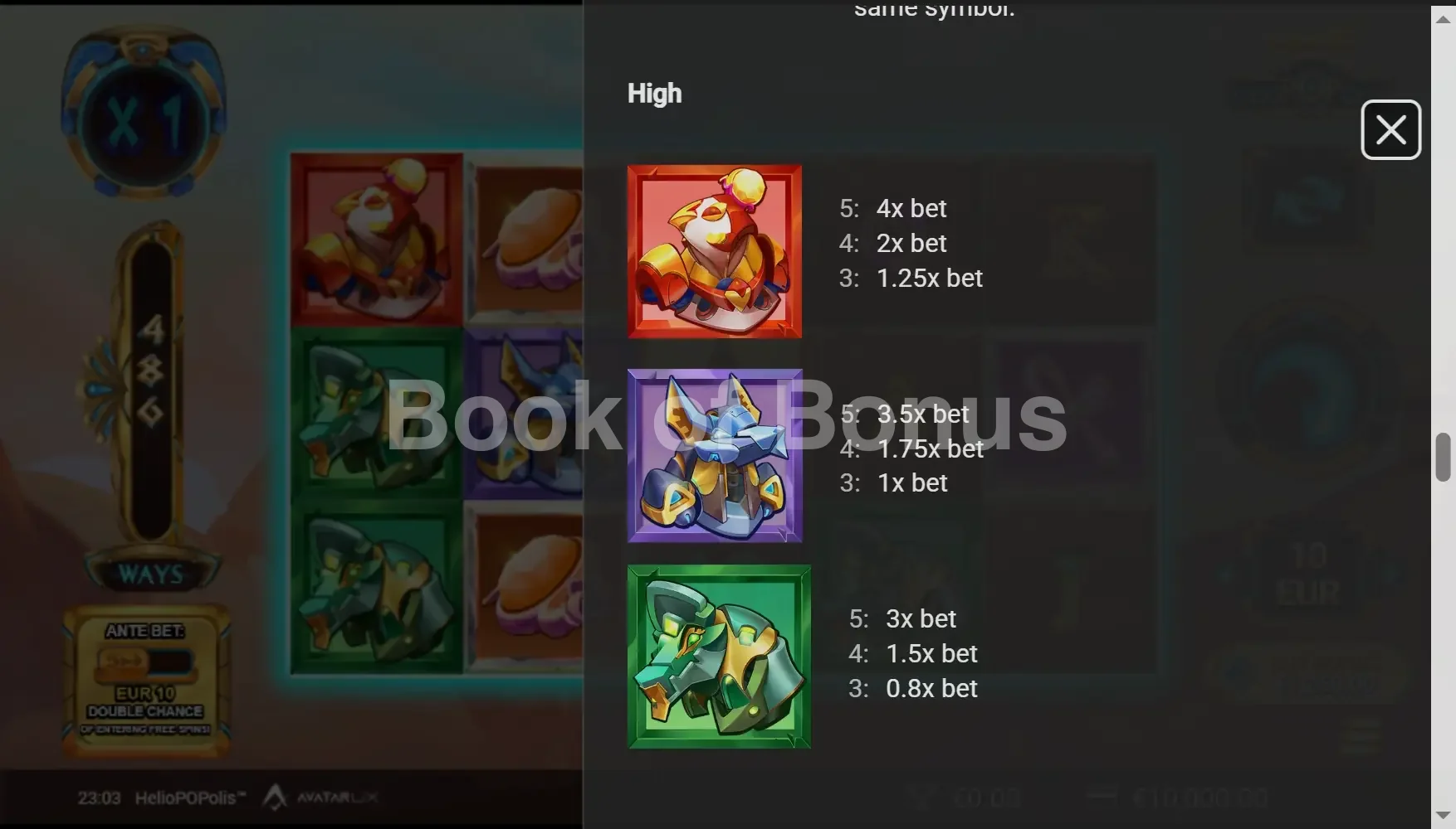 HelioPOPolis par Avatar UX - table des gains et valeurs des symboles