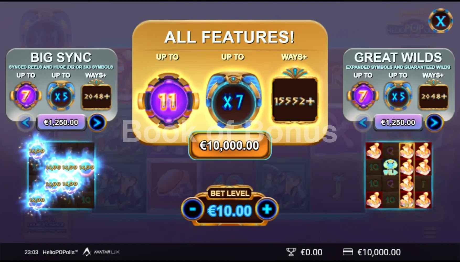 HelioPOPolis par Avatar UX - menu d'achat de bonus et options
