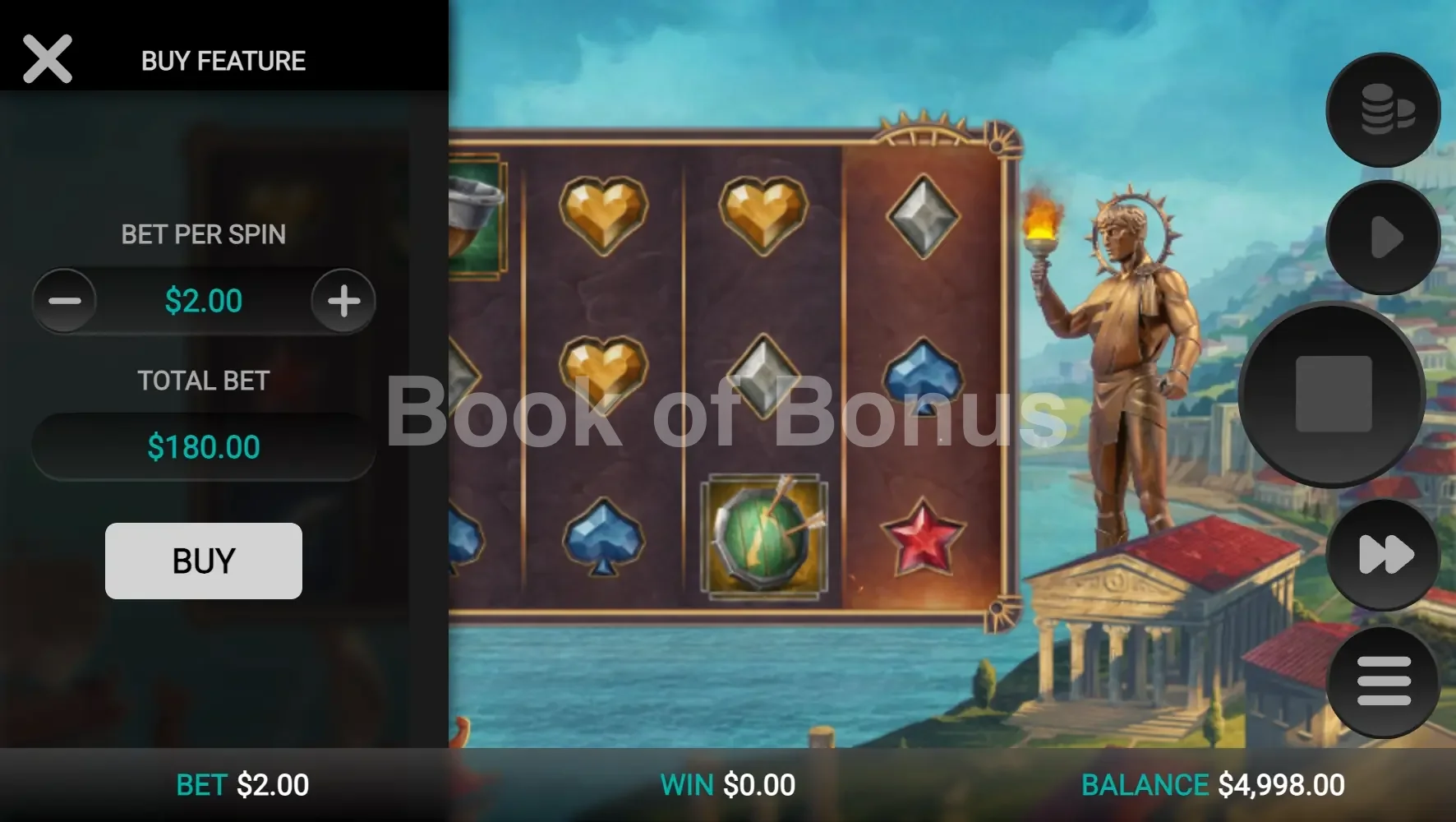 Helios' Fury par Relax Gaming - menu d'achat de bonus et options