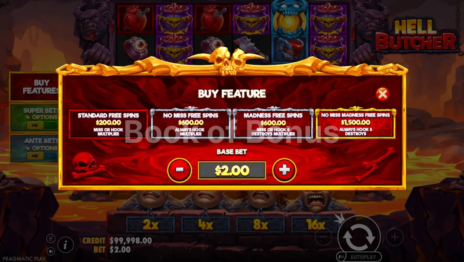 Hell Butcher par Pragmatic Play - menu d'achat de bonus et options