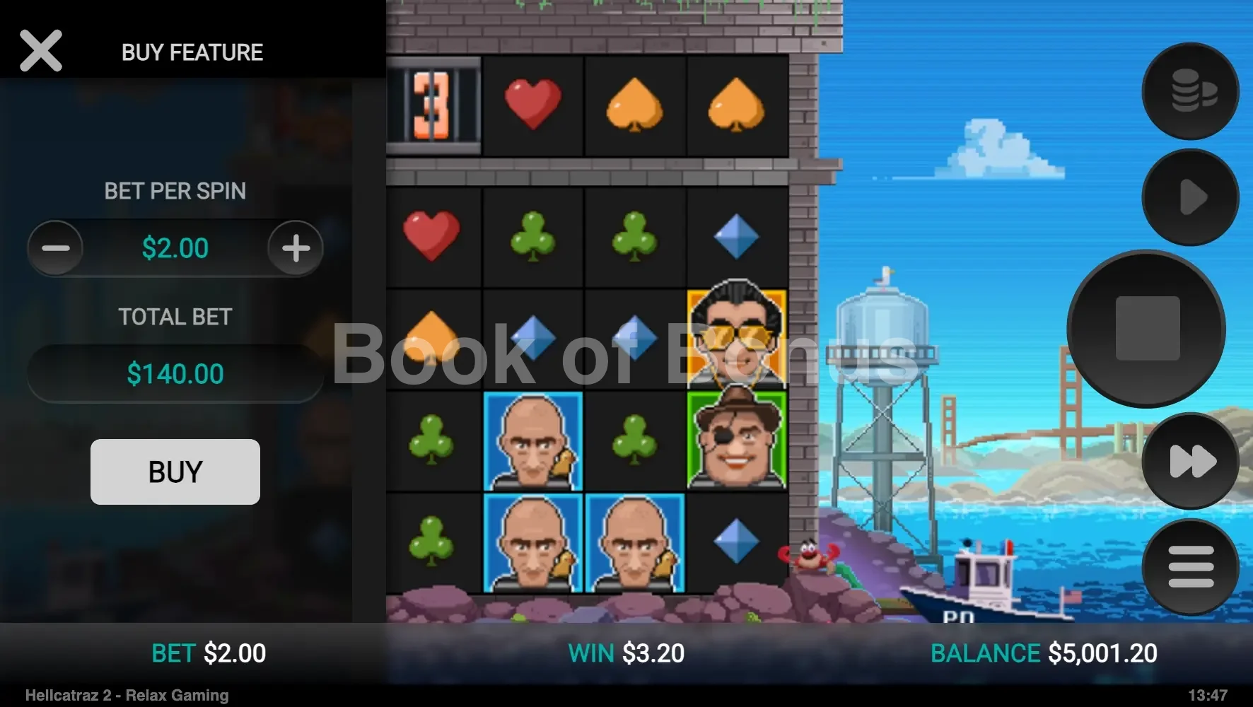 Hellcatraz 2 Dream Drop par Relax Gaming - menu d'achat de bonus et options