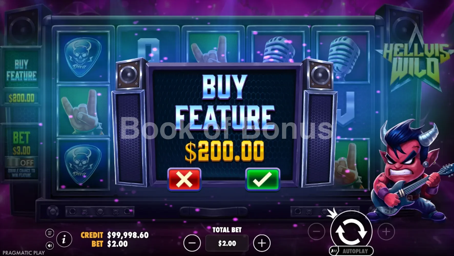 Hellvis Wild par Pragmatic Play - menu d'achat de bonus et options