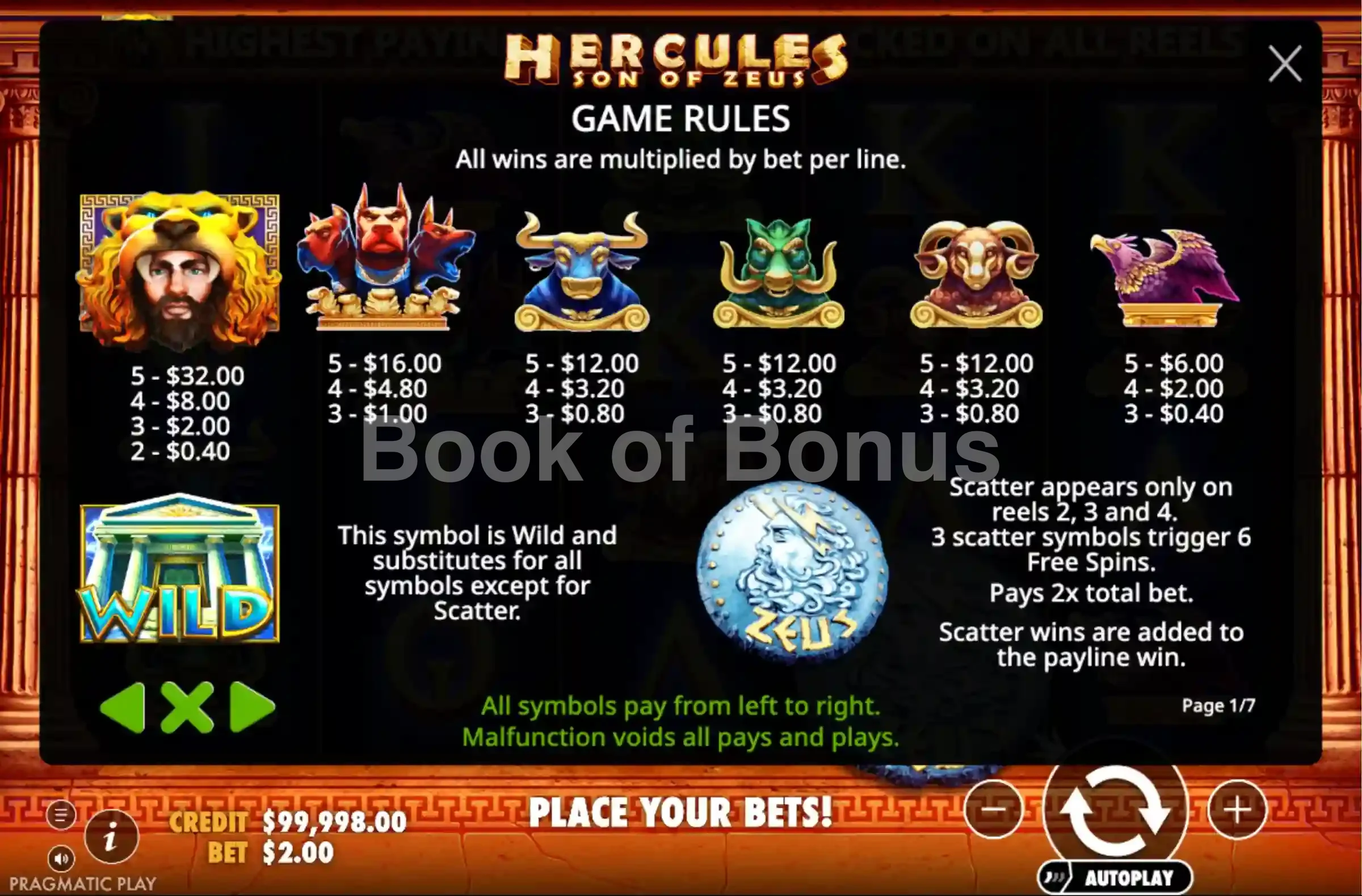 Hercules Son of Zeus par Pragmatic Play - table des gains et valeurs des symboles